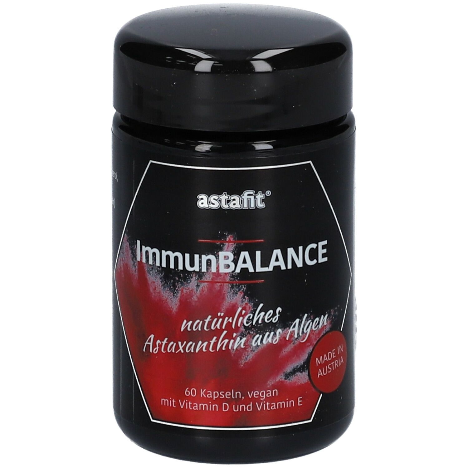 Flacon noir astafit ImmunBALANCE. Inscription rouge, 60 gélules, végétalien. Fabriqué en Autriche.