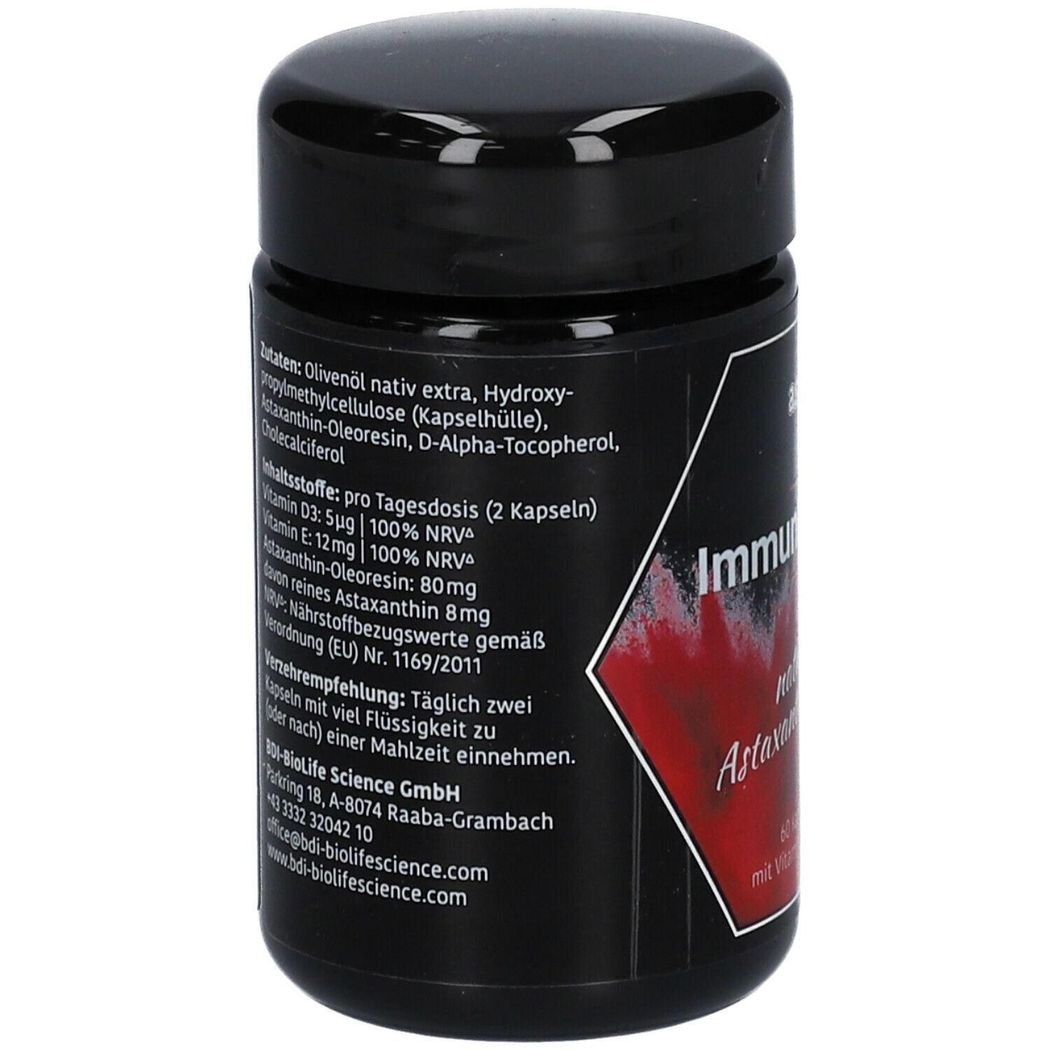 Dos du flacon noir astafit ImmunBALANCE. Liste des ingrédients et informations nutritionnelles visibles.