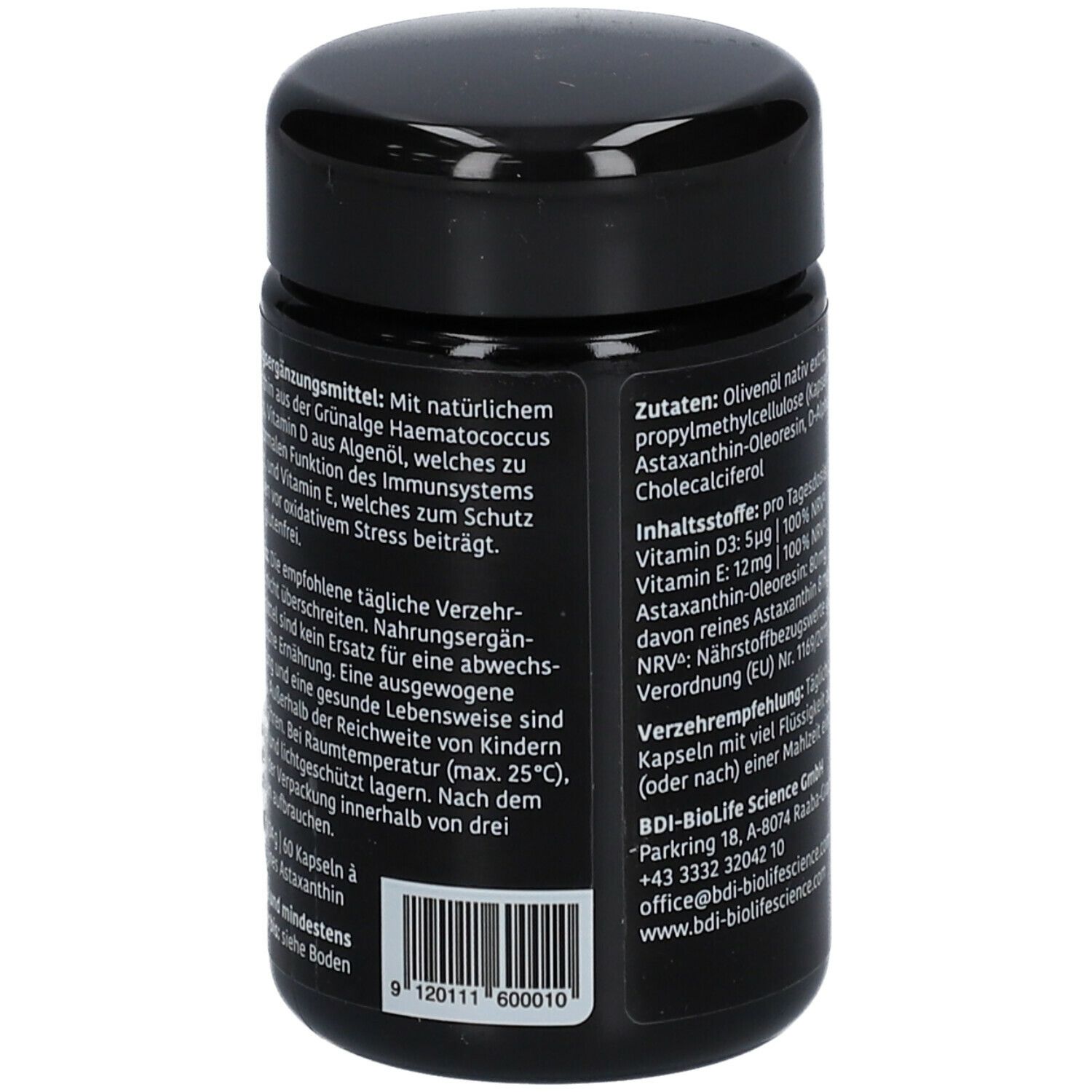 Dos du flacon noir astafit ImmunBALANCE. Texte avec ingrédients, recommandation et fabricant.