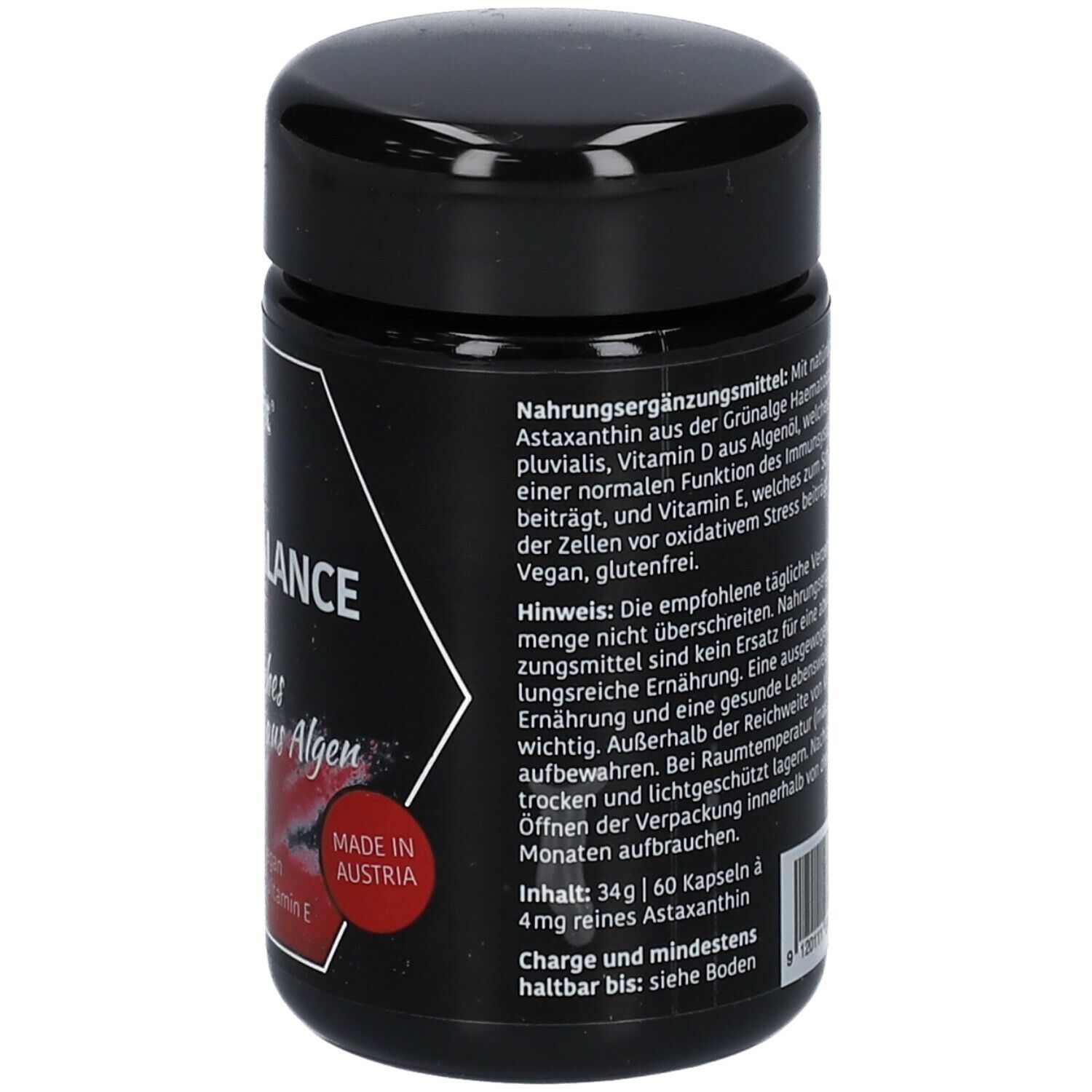 Dos du flacon noir astafit ImmunBALANCE. Texte avec ingrédients, recommandation et fabricant.