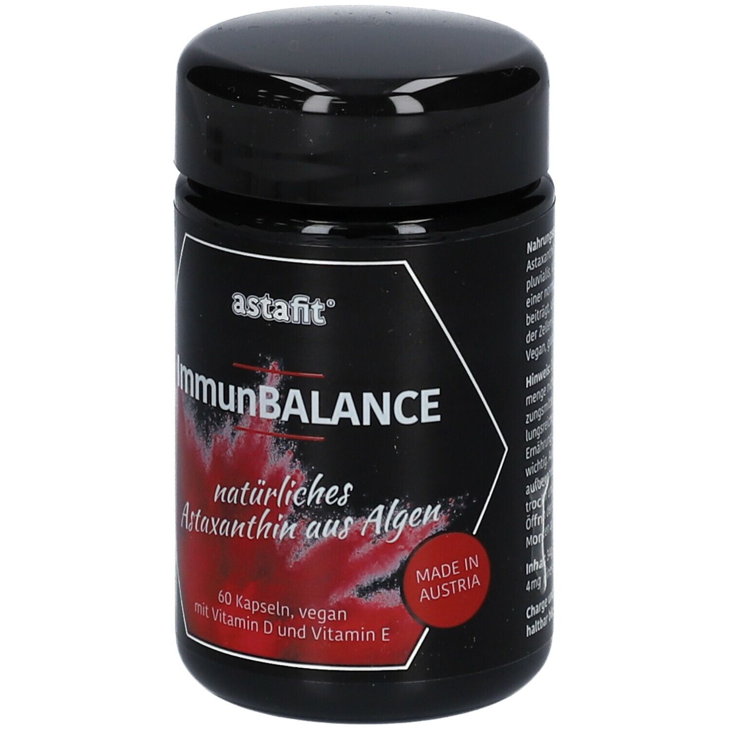 Flacon noir astafit ImmunBALANCE. Inscription rouge, 60 gélules, végétalien. Fabriqué en Autriche.