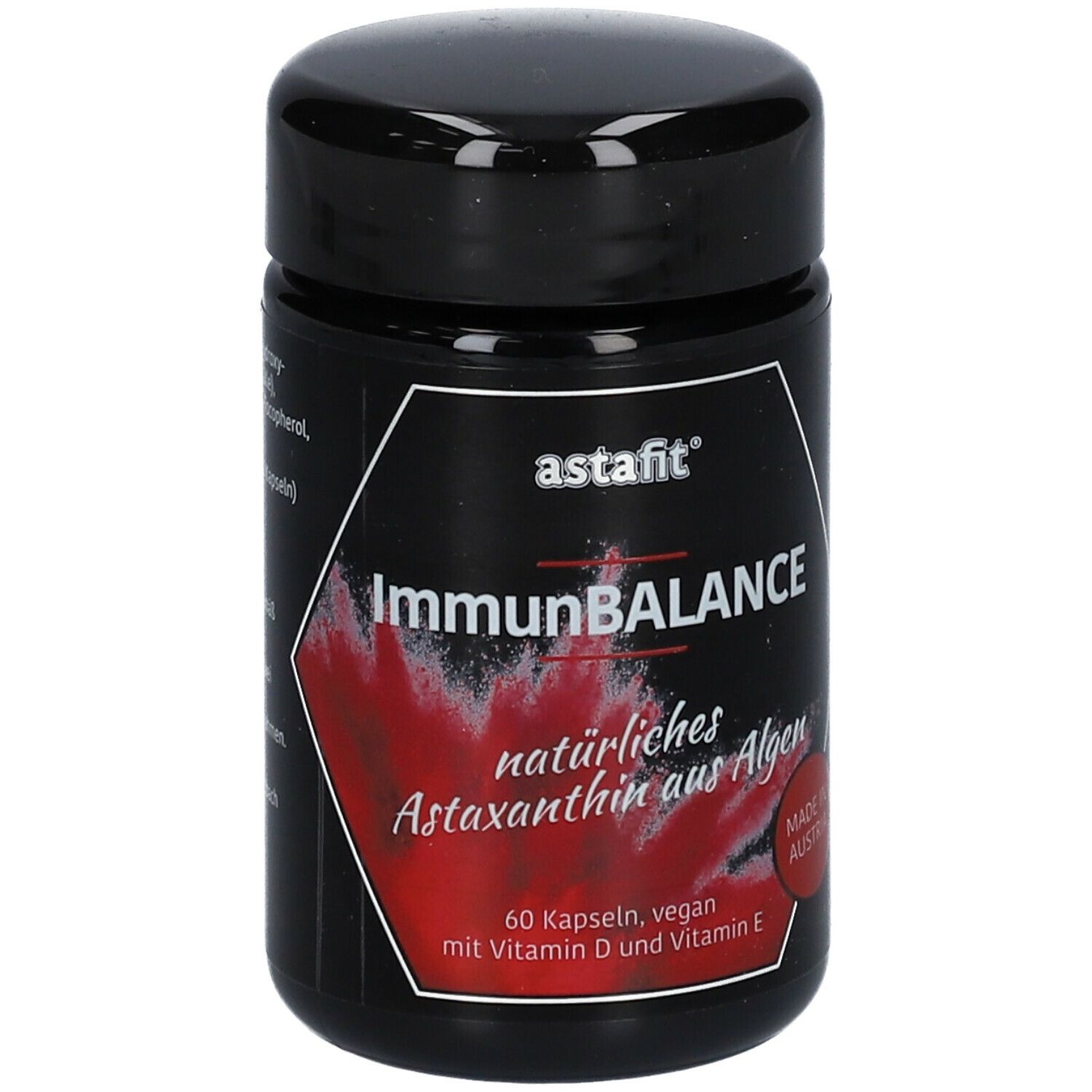 Flacon noir astafit ImmunBALANCE. Inscription rouge, 60 gélules, végétalien. Fabriqué en Autriche.
