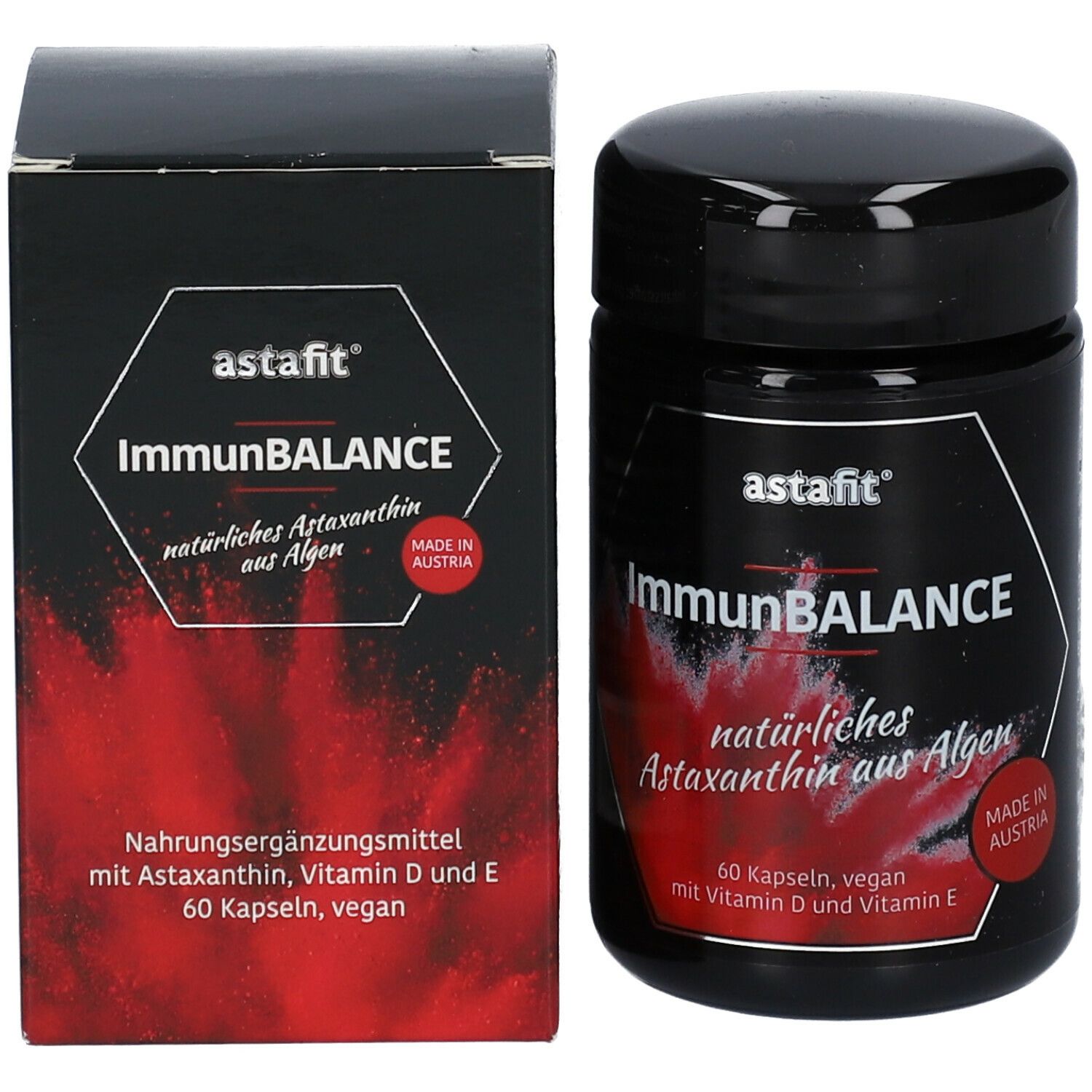 Flacon et boîte astafit ImmunBALANCE. Flacon noir, inscription rouge, 60 gélules, végétalien. Fabriqué en Autriche.