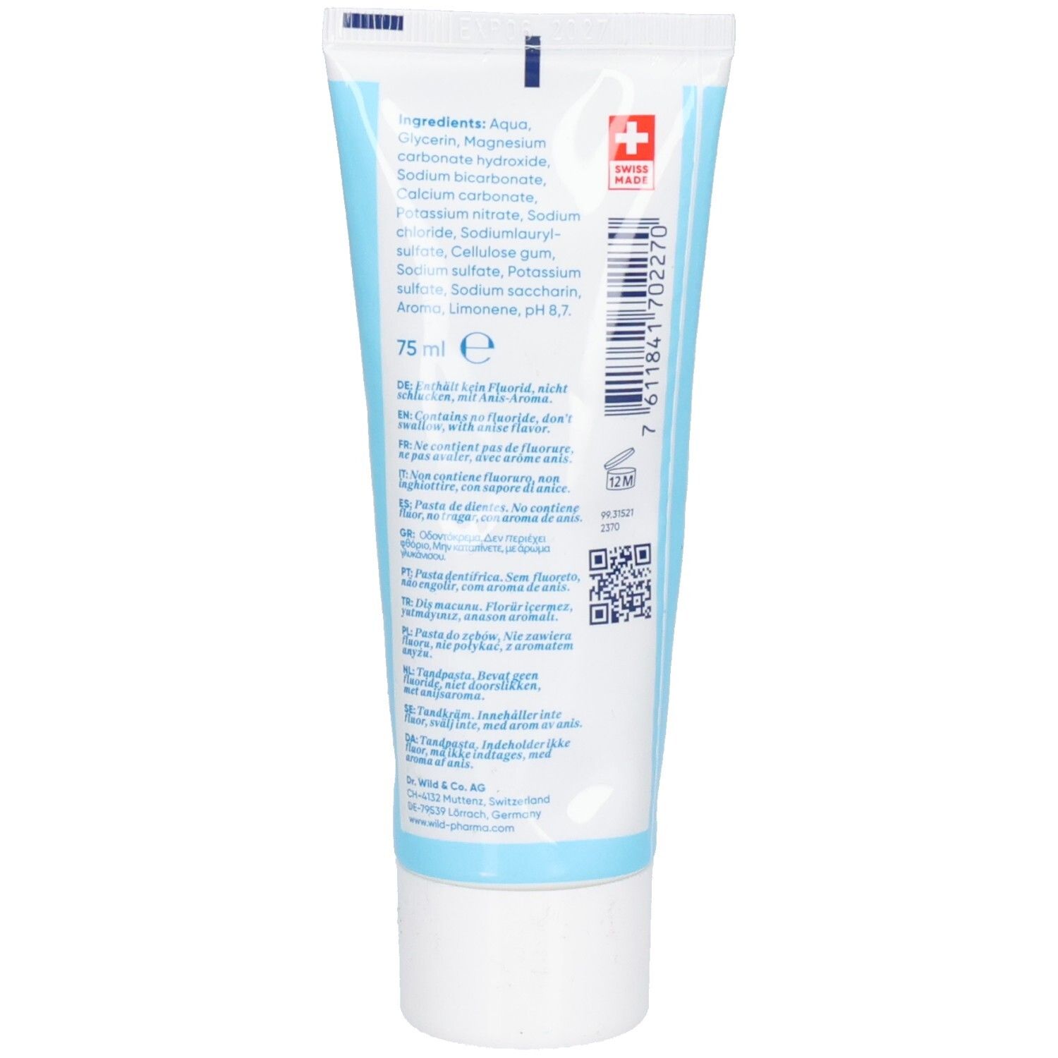 Rückseite der Zahnpasta-Tube EMOFORM® Pure & Fresh. Inhaltsstoffe, Schweizer Kreuz, Text. 75 ml. QR-Code.