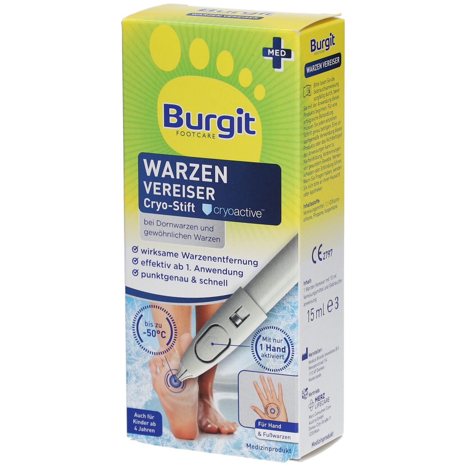 Verpackung von Burgit Warzen Vereiser. Enthält einen Kryo-Stift. Auf der Verpackung sind Informationen zur Anwendung und ein Fuß abgebildet.