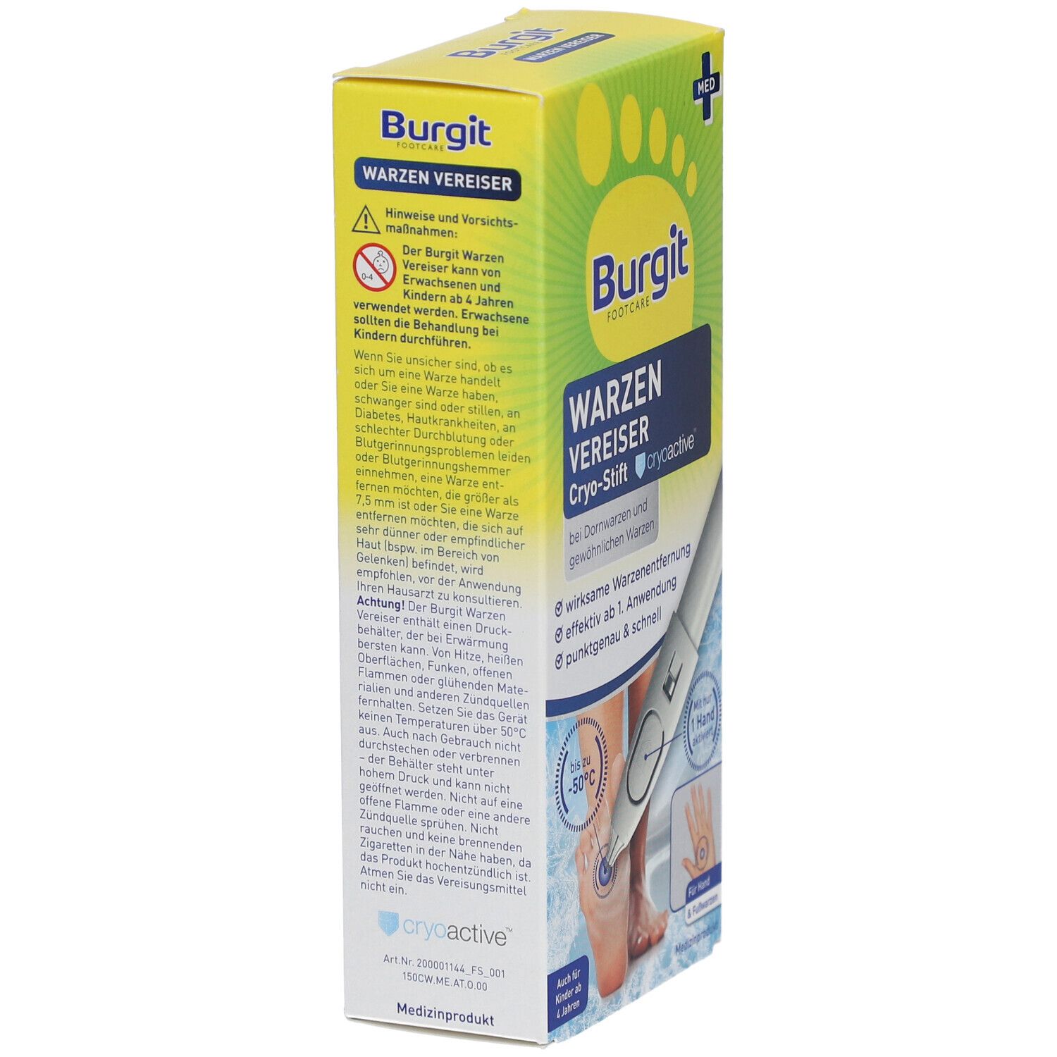 Verpackung von Burgit Warzen Vereiser. Enthält Warnhinweise und Vorsichtsmaßnahmen. Auf der Verpackung ist ein Kryo-Stift abgebildet.