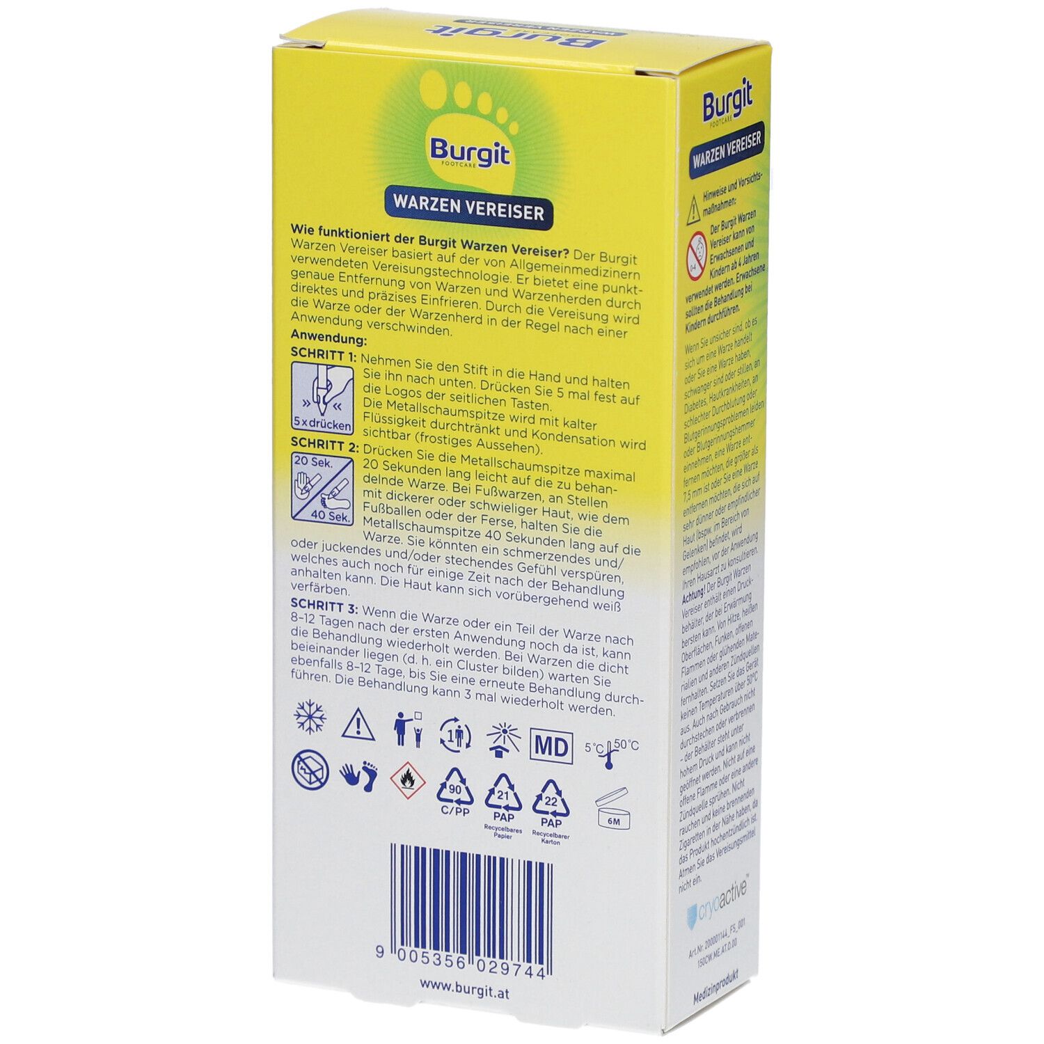 Rückseite der Verpackung von Burgit Warzen Vereiser. Enthält Informationen zur Anwendung und Sicherheitszeichen. Mit MD-Kennzeichnung.