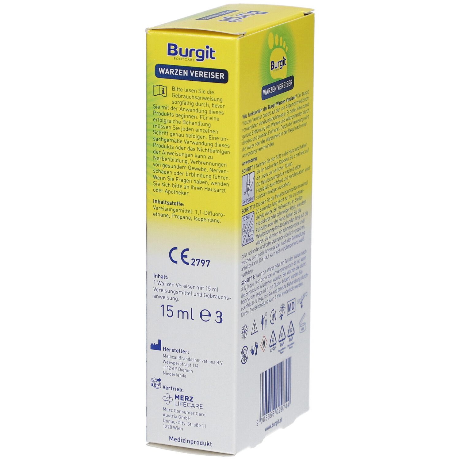 Verpackung von Burgit Warzen Vereiser. Enthält Informationen zu Inhalt, Hersteller und Vertrieb. Mit CE-Kennzeichnung.