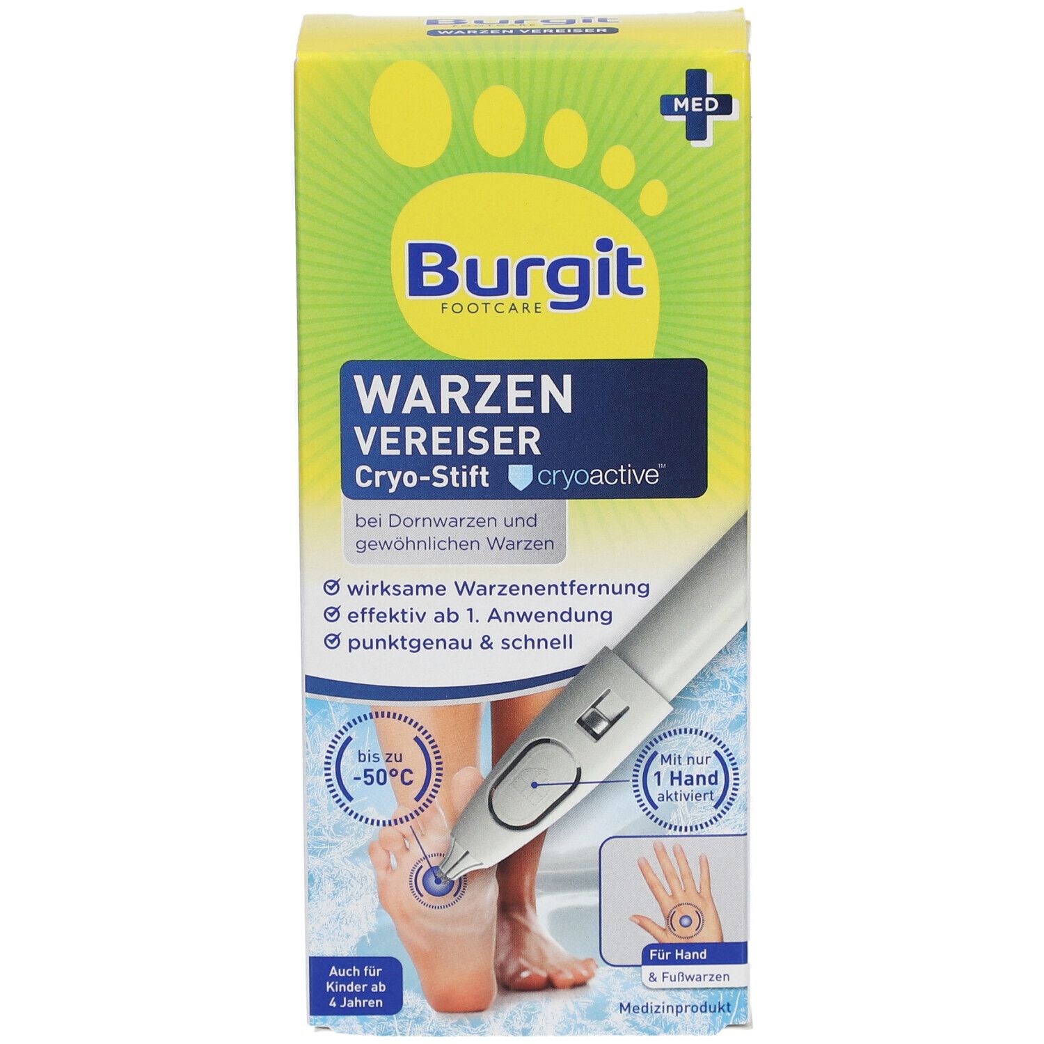 Verpackung von Burgit Warzen Vereiser. Kryo-Stift zur Warzenentfernung. Abbildung eines Fußes und einer Hand. Mit MED-Kennzeichnung.