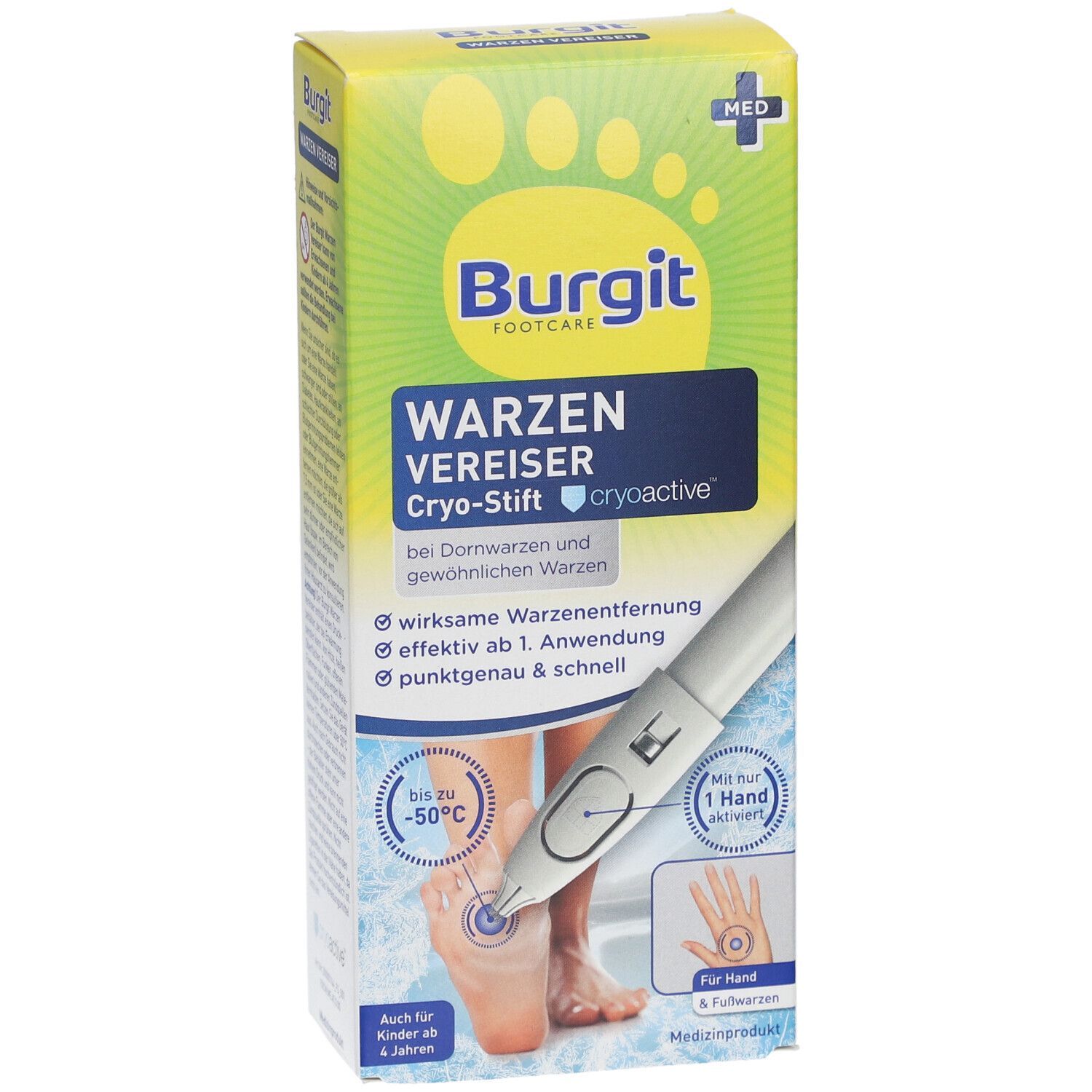 Verpackung von Burgit Warzen Vereiser. Kryo-Stift zur Warzenentfernung. Abbildung eines Fußes und einer Hand. Mit MED-Kennzeichnung.