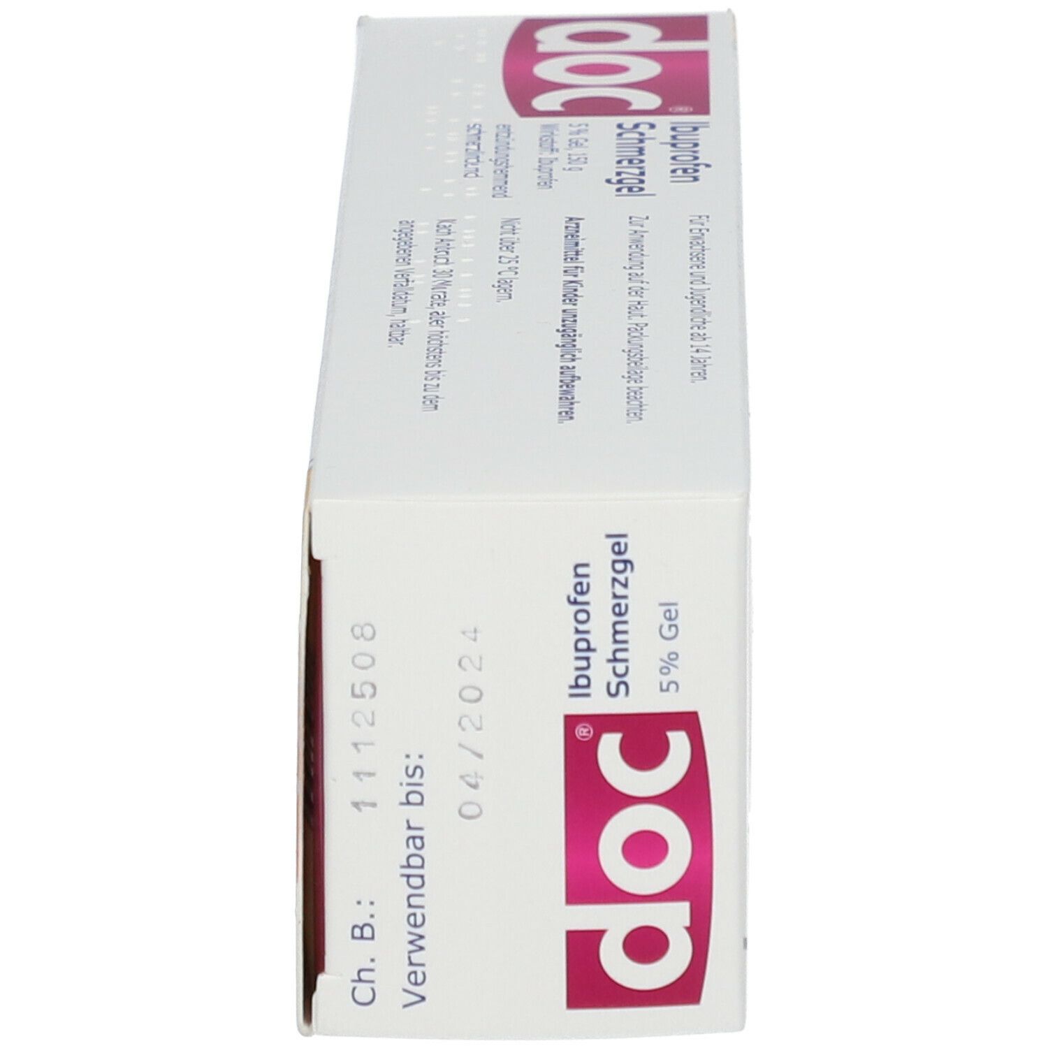Schachtel, Seitenansicht. Aufschrift: doc, Ibuprofen Schmerzgel 5% Gel. Verfallsdatum.