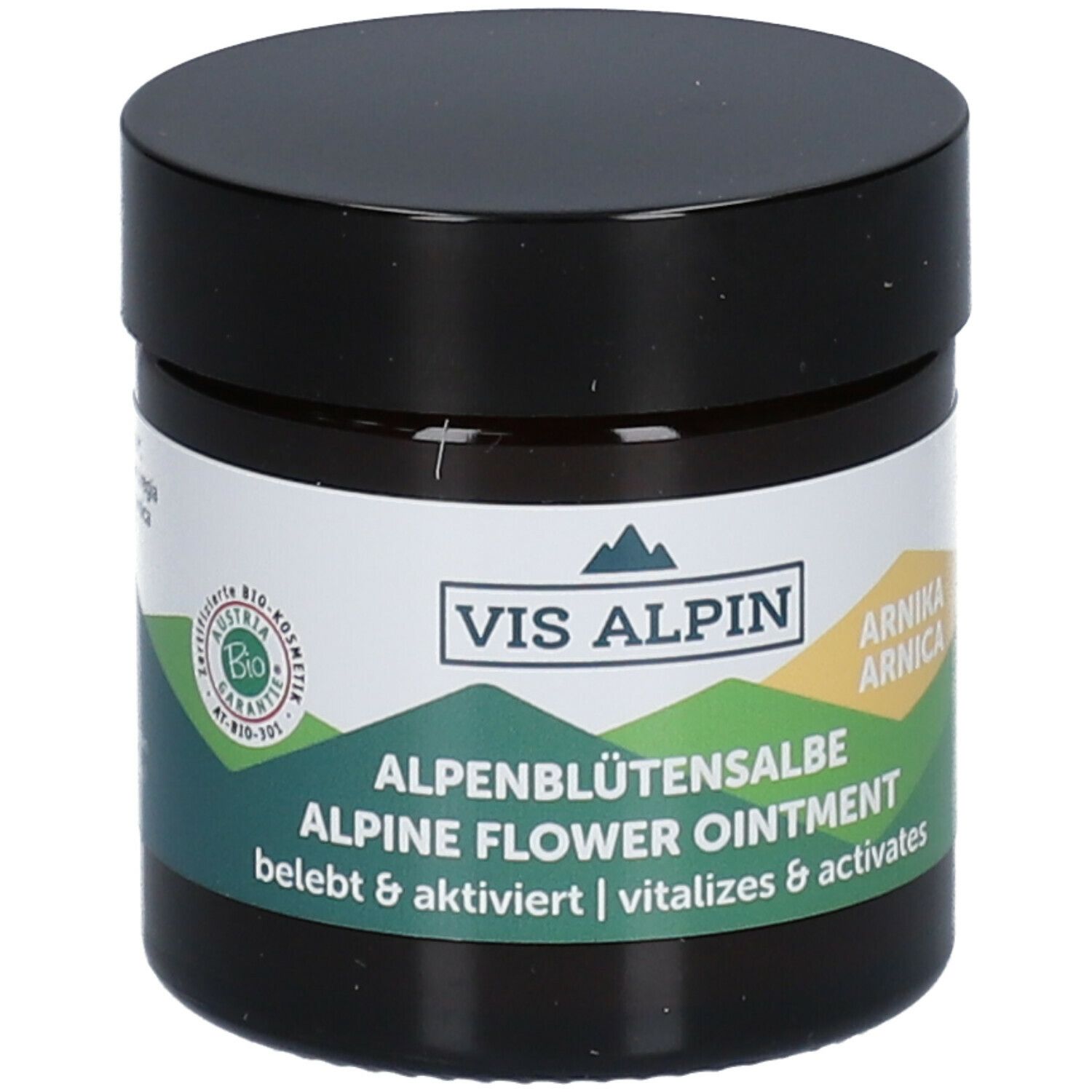 Braune Dose mit schwarzem Deckel. Aufschrift: VIS ALPIN Alpenblütensalbe Arnika. Bio-Kosmetik-Siegel.