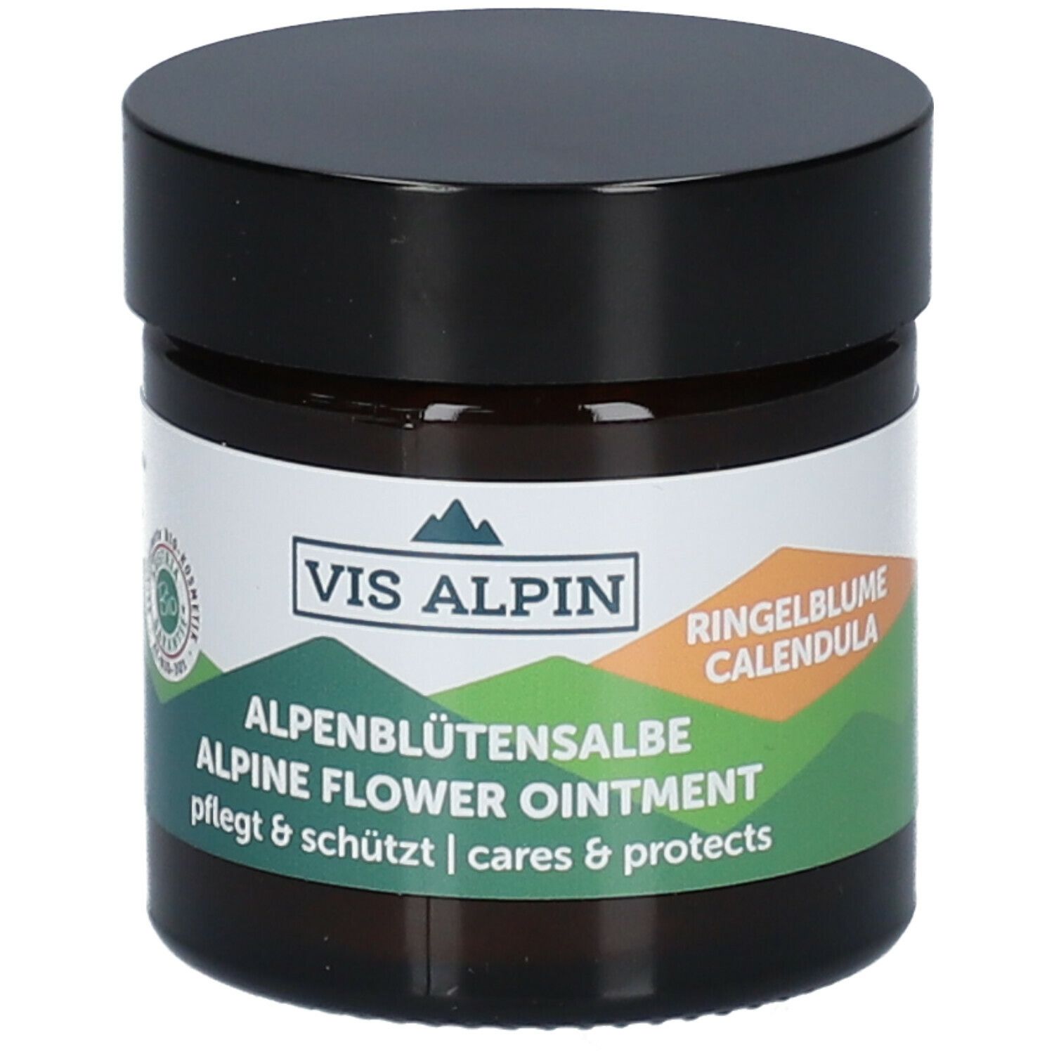 Pot brun avec couvercle noir. Étiquette avec nom du produit, calendula et logo.