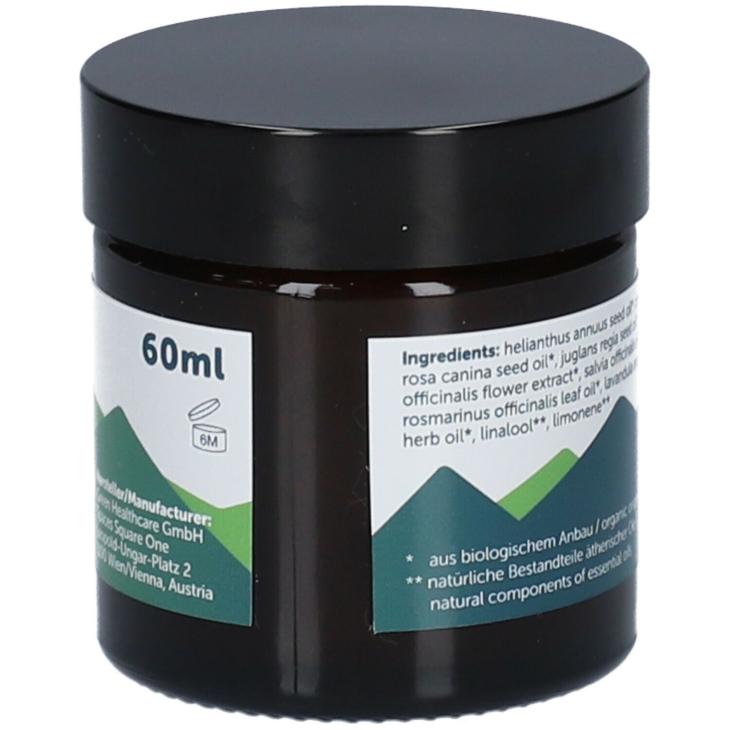 Pot brun avec couvercle noir. Étiquette avec 60ml, ingrédients et fabricant.