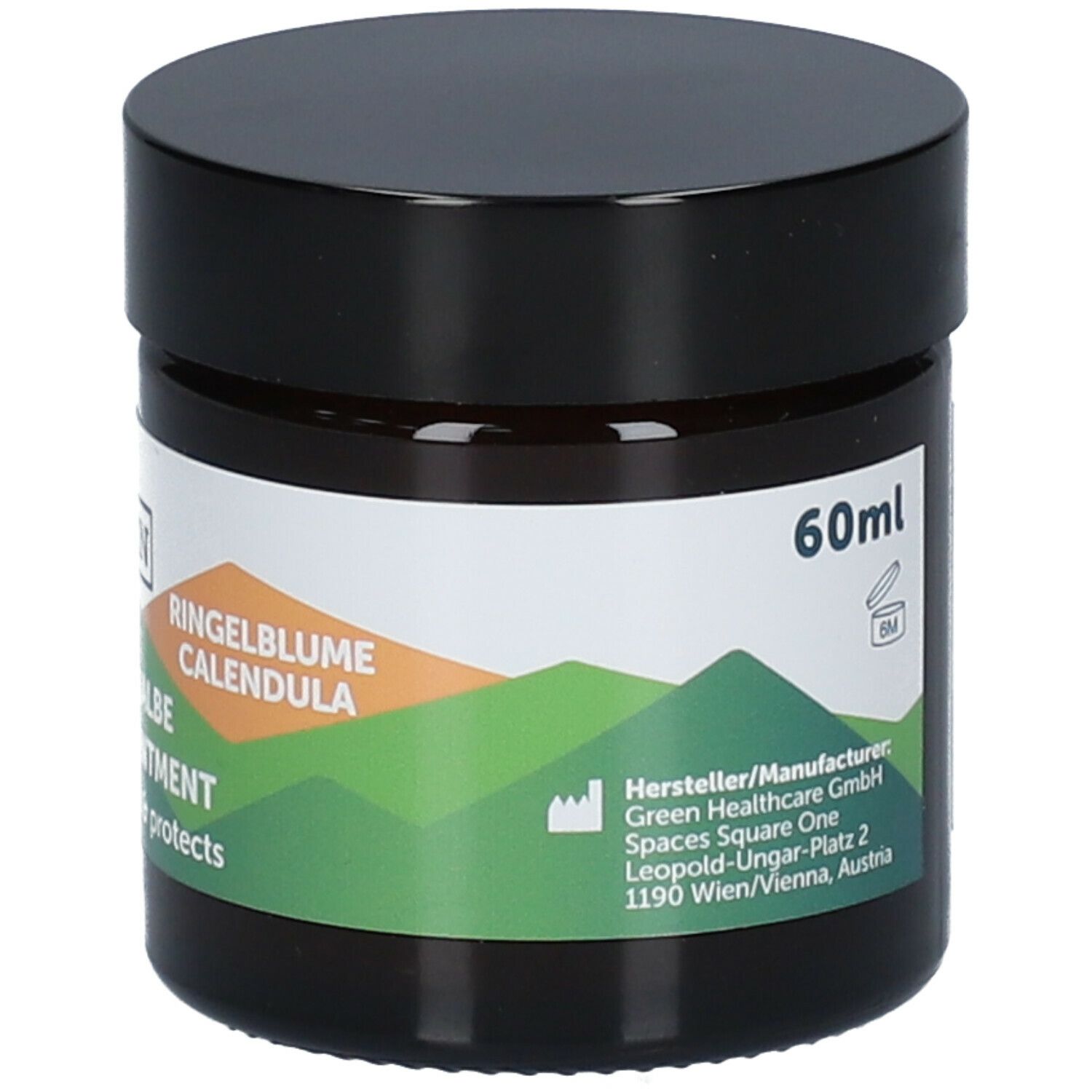 Pot brun avec couvercle noir. Étiquette avec nom du produit, 60ml et fabricant.