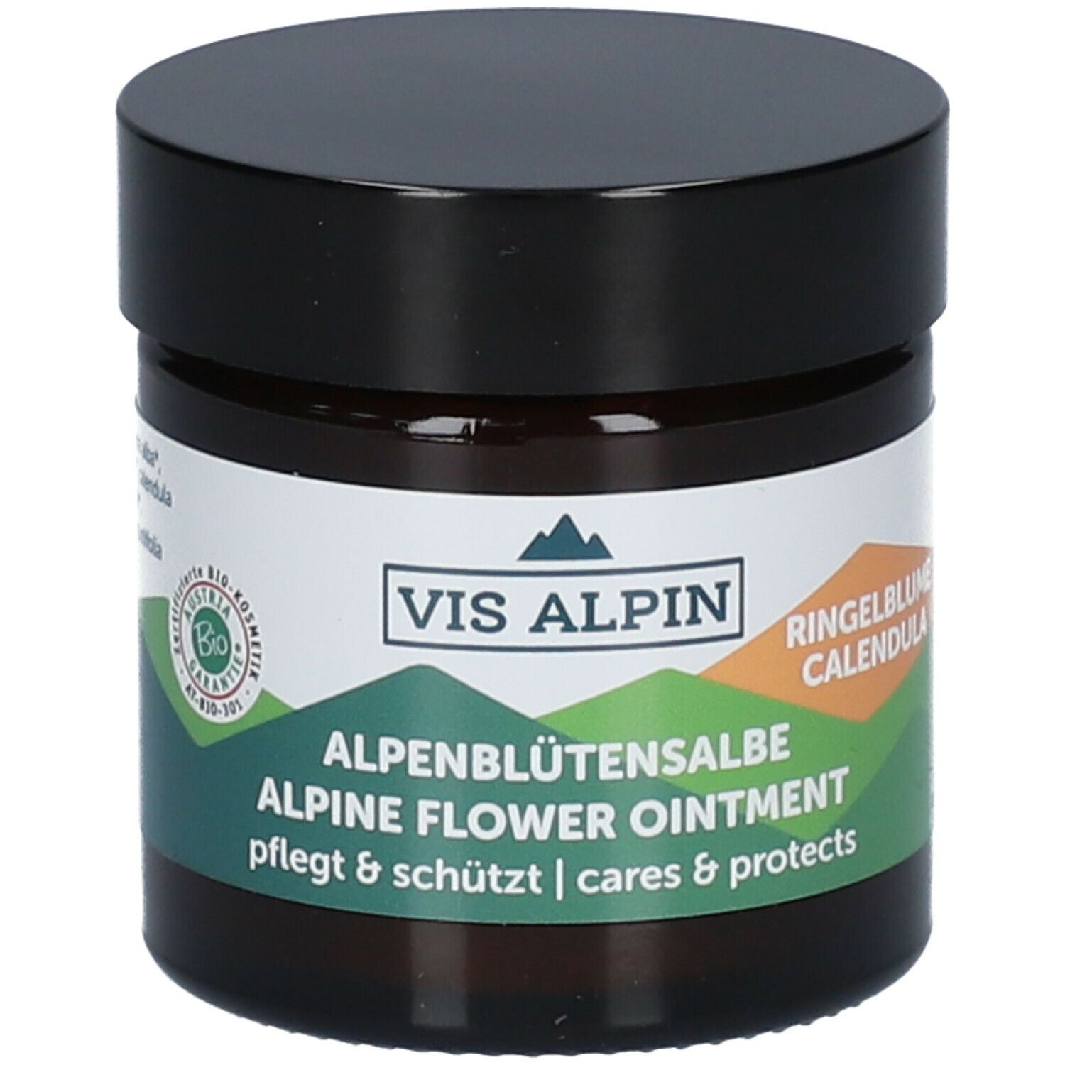 Pot brun avec couvercle noir. Étiquette avec nom du produit, logo et certification bio.
