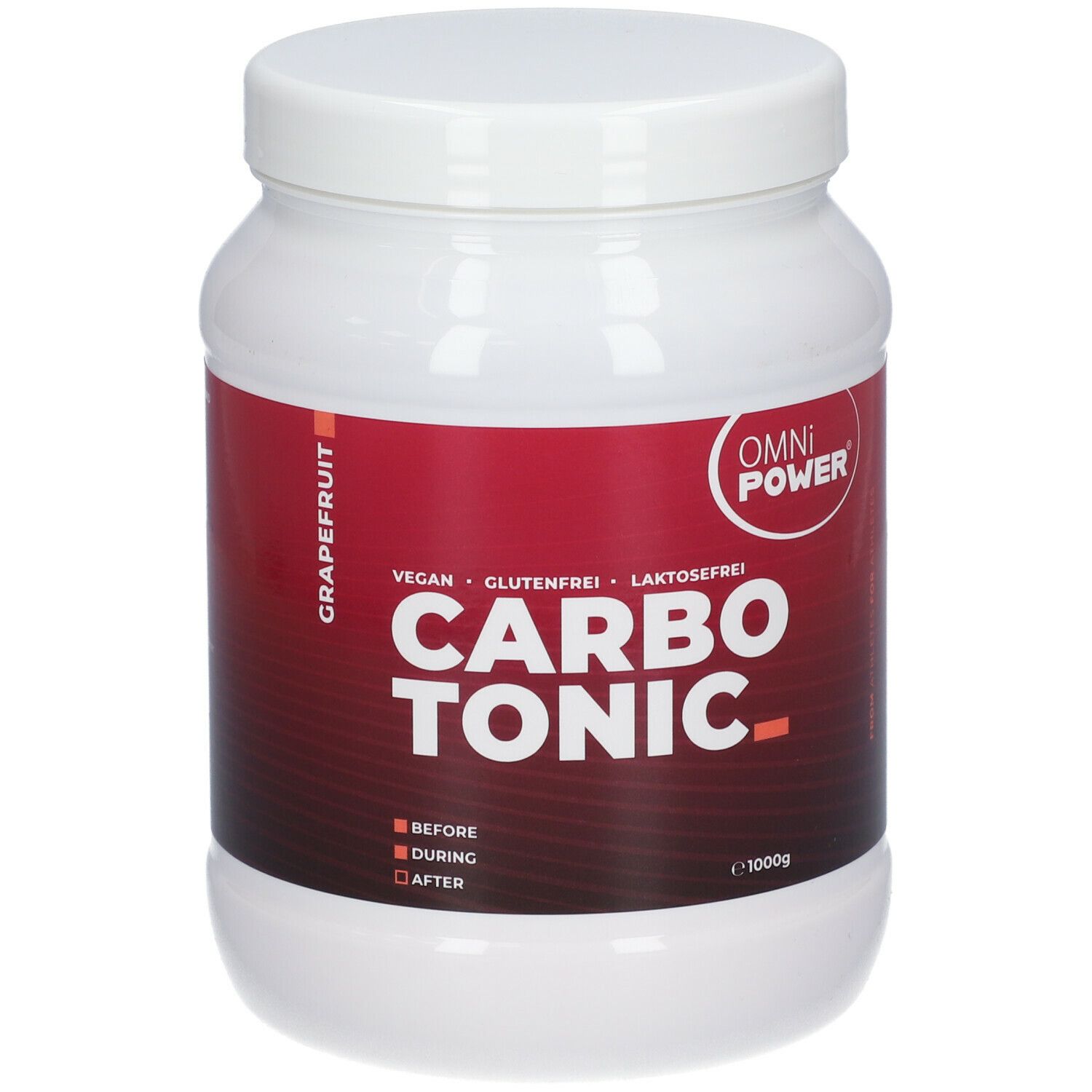 Weißes Gefäß mit rotem Etikett. OMNi-POWER CARBO TONIC, Grapefruit, vegan, glutenfrei, laktosefrei. 1000g.