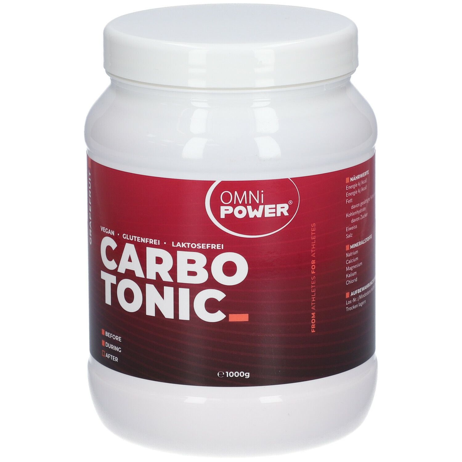 Weißes Gefäß mit rotem Etikett. OMNi-POWER CARBO TONIC, vegan, glutenfrei, laktosefrei. Text: FROM ATHLETES FOR ATHLETES. 1000g.