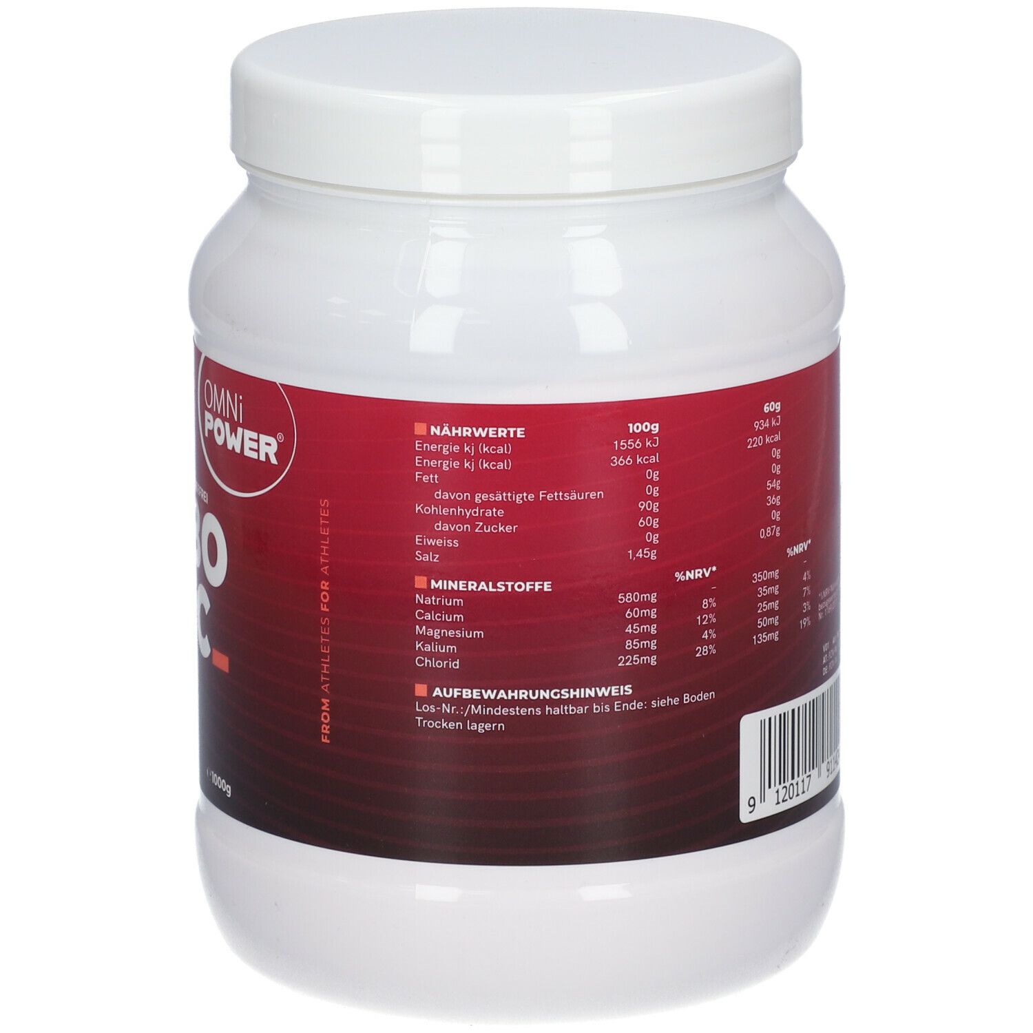 Weißes Gefäß mit rotem Etikett. OMNi-POWER Logo. Nährwertangaben und Mineralstoffe. Text: FROM ATHLETES FOR ATHLETES. 1000g.