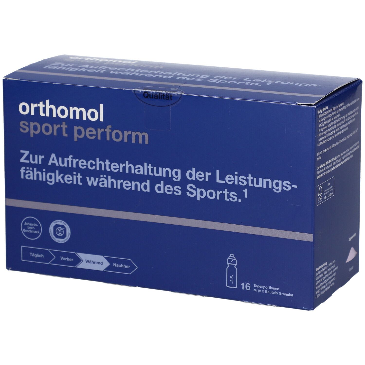 Blau-weiße Produktverpackung von Orthomol Sport Perform. Aufschrift: Zur Aufrechterhaltung der Leistungsfähigkeit während des Sports. 16 Tagesportionen.
