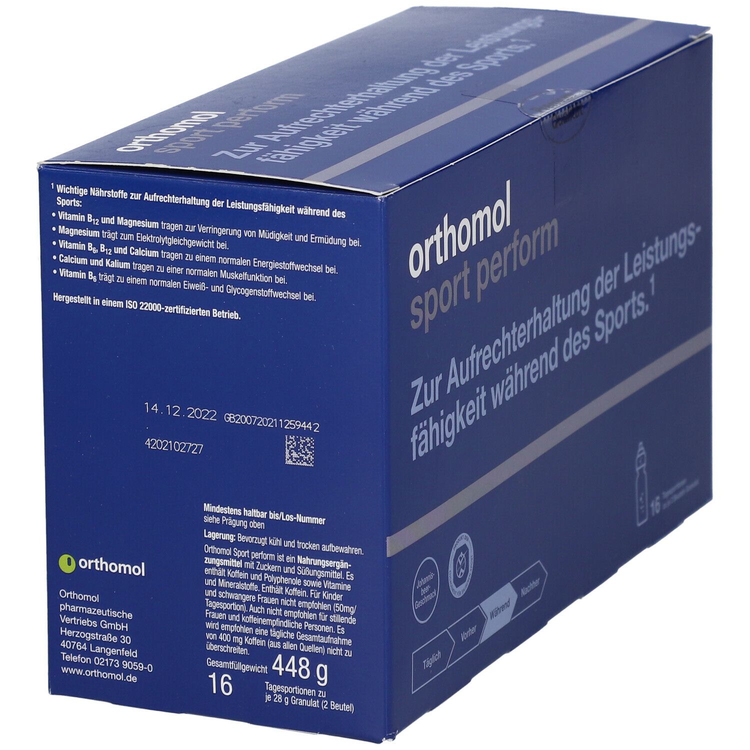 Blaue Produktverpackung von Orthomol Sport Perform. Enthält Informationen zu Inhaltsstoffen und Nährwerten. 16 Tagesportionen, 448g.