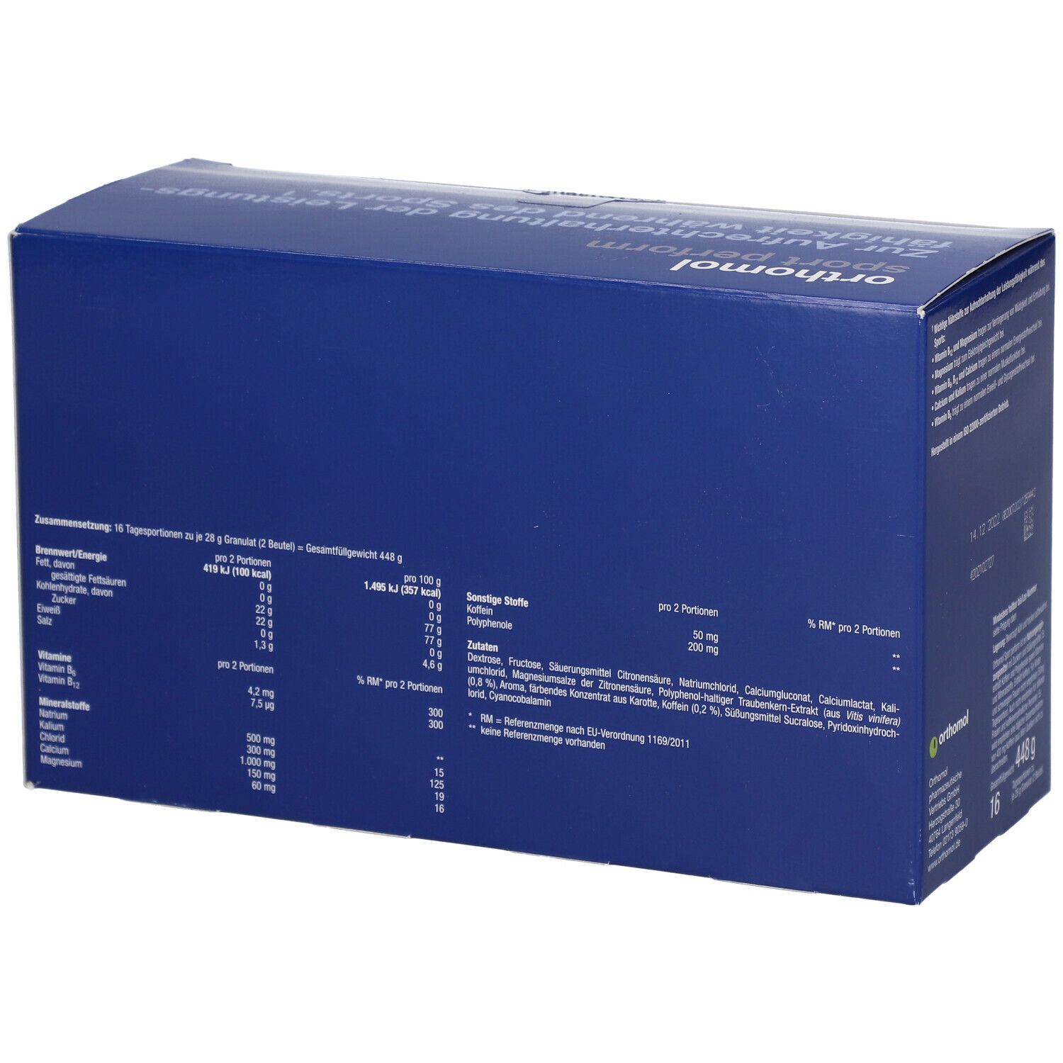 Blaue Produktverpackung von Orthomol Sport Perform. Rückseite mit Nährwertangaben. 16 Tagesportionen. Enthält Vitamine und Mineralstoffe.