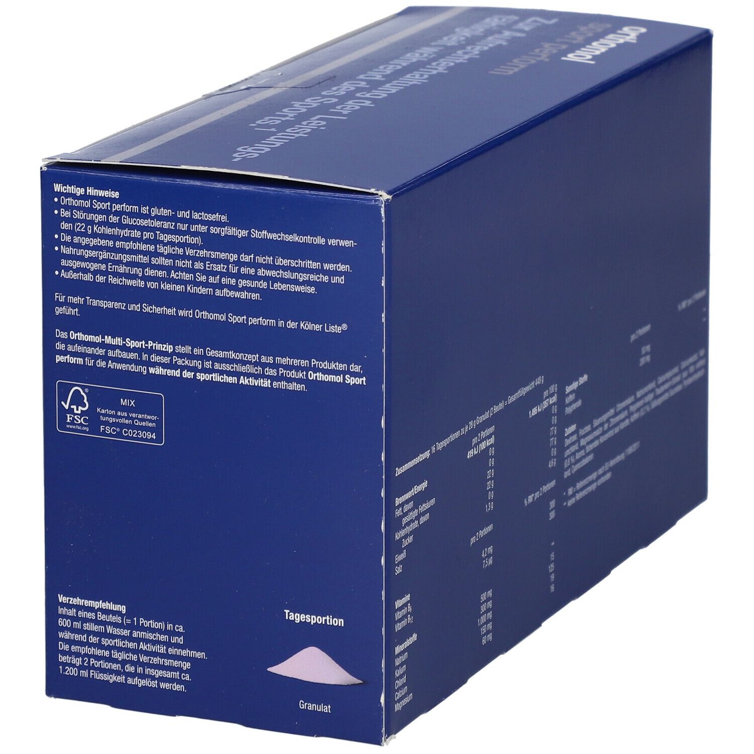 Blaue Produktverpackung von Orthomol Sport Perform. Enthält Informationen zur Anwendung. FSC-Zertifizierung. 16 Tagesportionen.