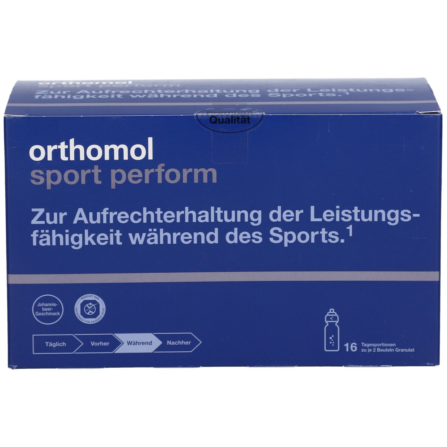 Blaue Produktverpackung von Orthomol Sport Perform. Aufschrift: Zur Aufrechterhaltung der Leistungsfähigkeit während des Sports. 16 Tagesportionen.