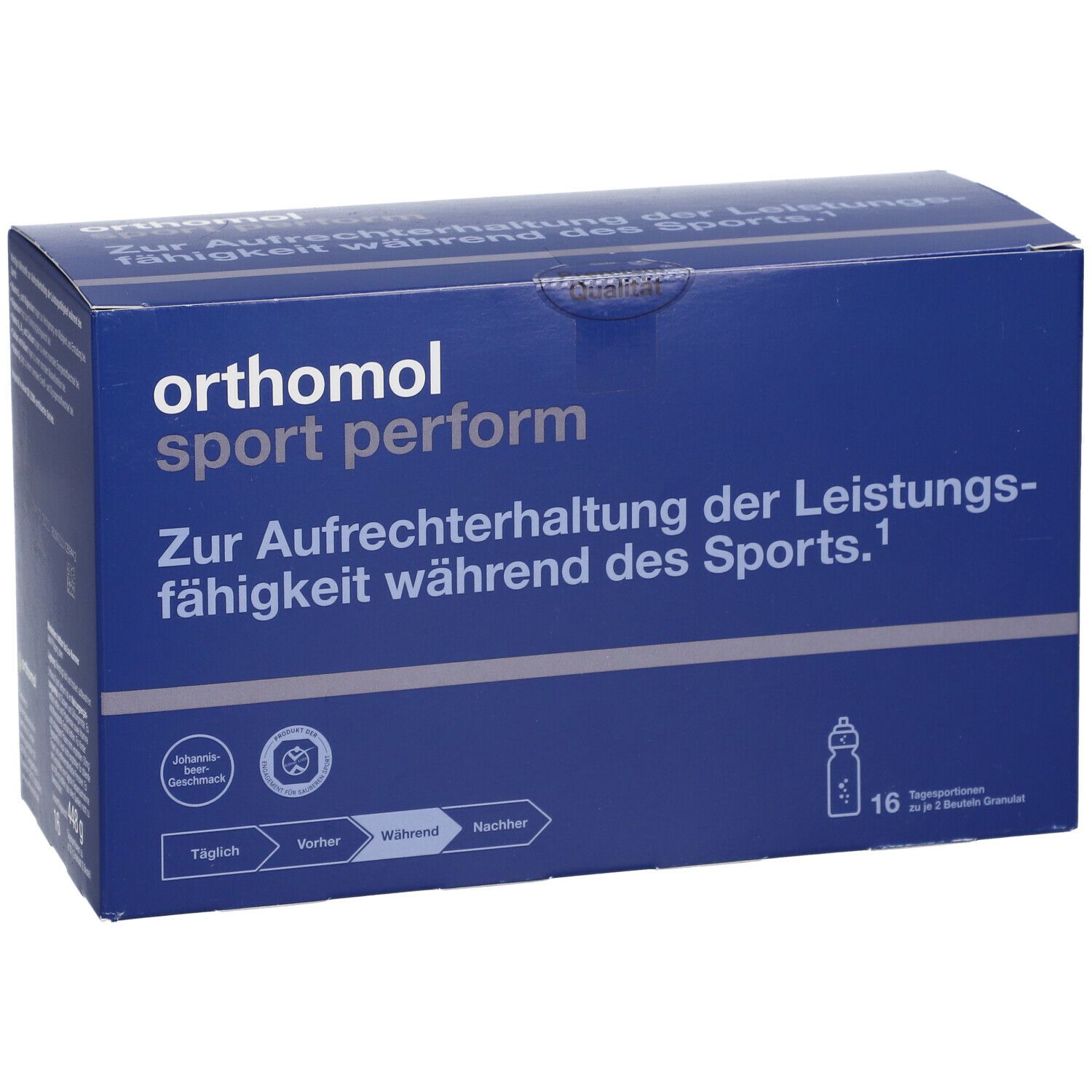 Blaue Produktverpackung von Orthomol Sport Perform. Aufschrift: Zur Aufrechterhaltung der Leistungsfähigkeit während des Sports. 16 Tagesportionen.