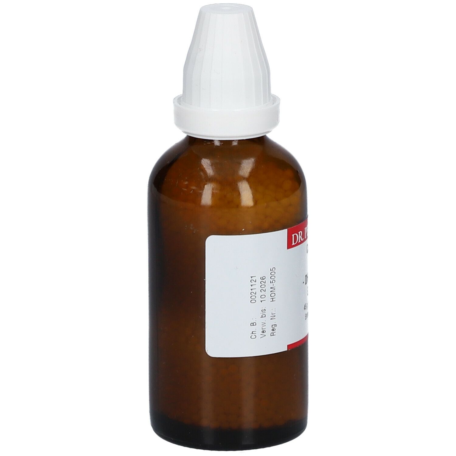 Braune Glasflasche mit weißem Deckel. Etikett mit Produktinformationen. Enthält Globuli.