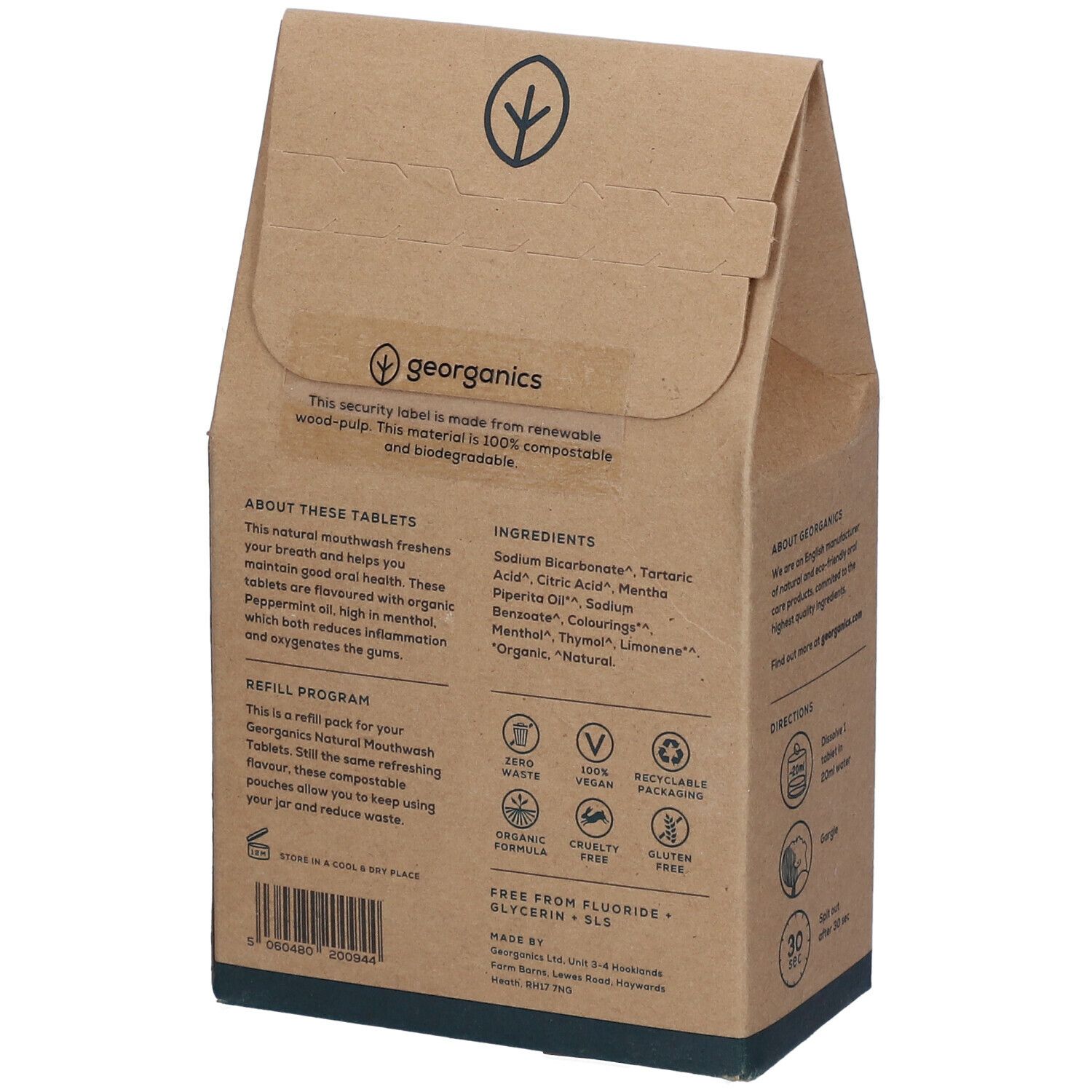 Rückseite der Kartonverpackung mit Mundwasser-Tabletten. Enthält Informationen zu Inhaltsstoffen, Zertifizierungen und Gebrauchsanweisung. Made in Britain.