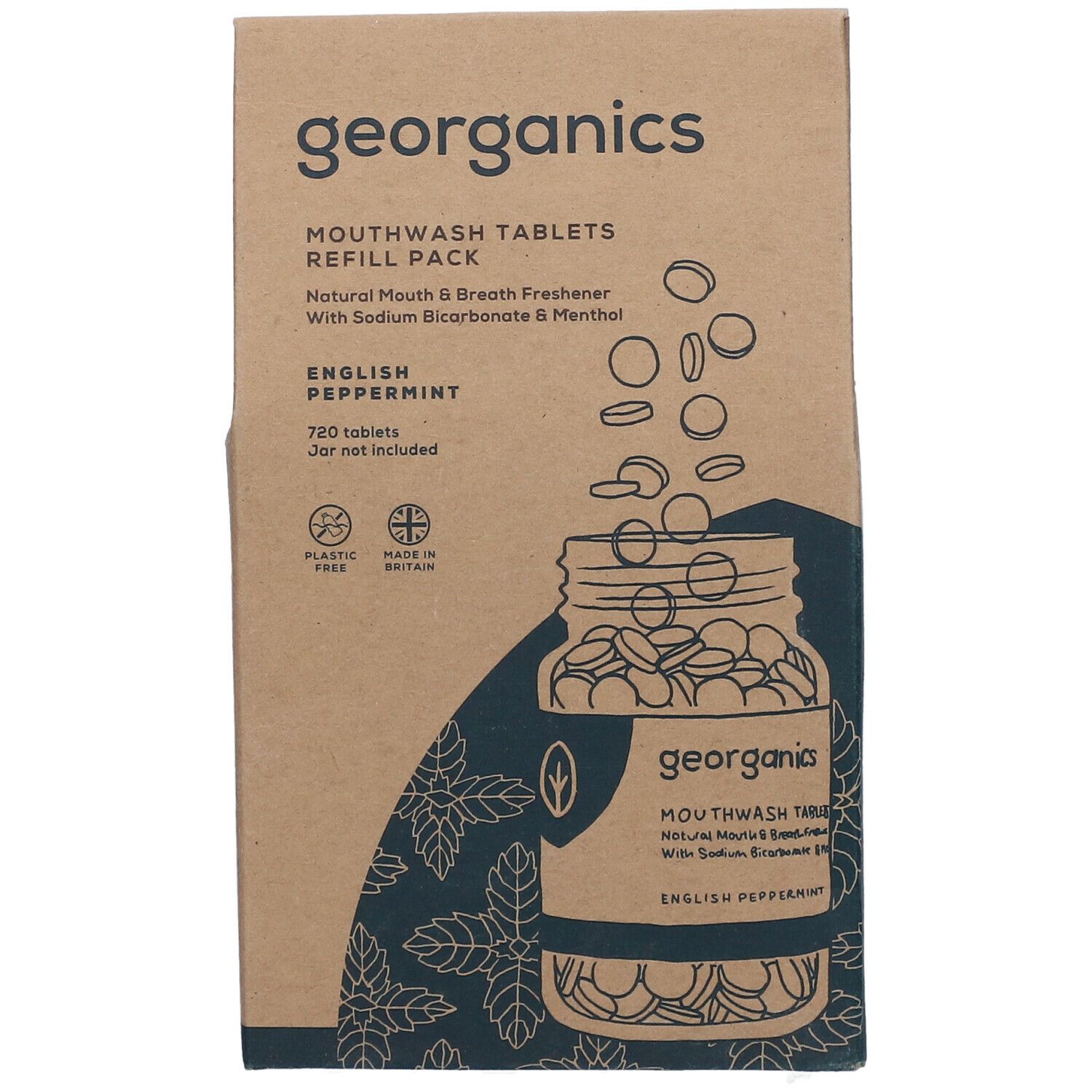 Kartonverpackung mit Mundwasser-Tabletten. Aufdruck: georganics, Englische Pfefferminze, 720 Tabletten. Kunststofffrei, Made in Britain.