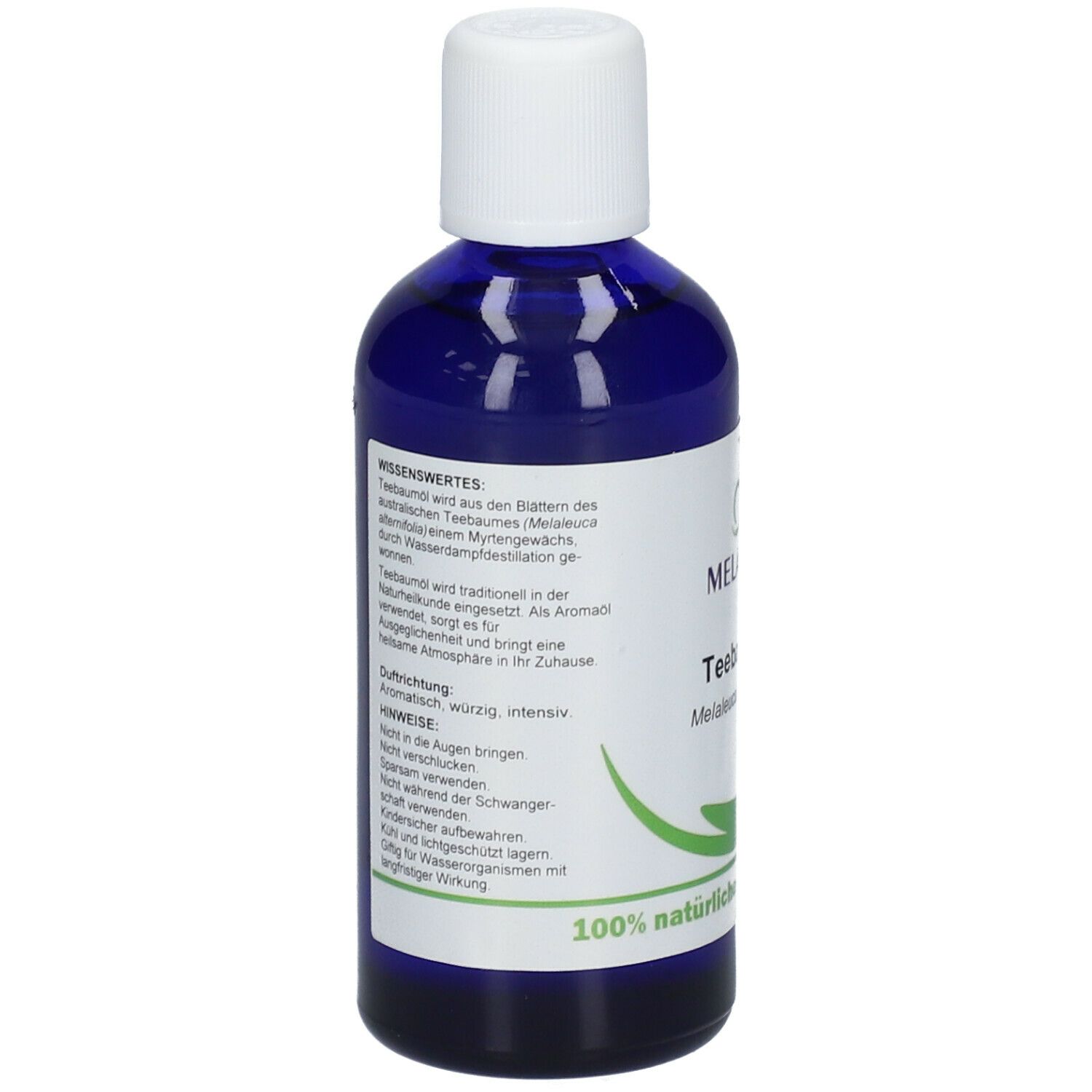 Dos du flacon bleu avec bouchon blanc. Informations textuelles et logo vert. 100% huile essentielle naturelle.