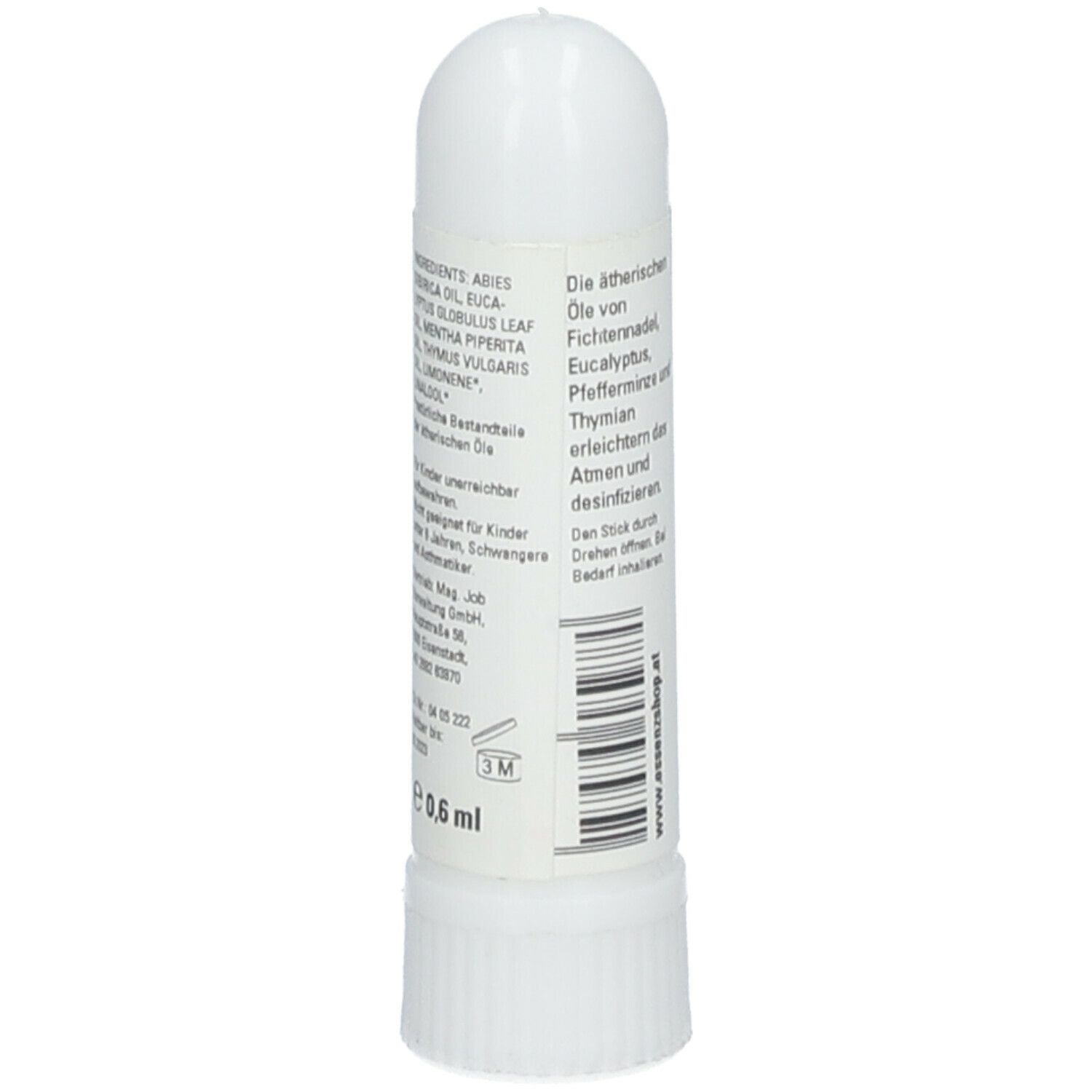 Weißer Inhalierstift mit Text. Beschriftung: Essenz Aromatherapie, SOS Klare Nase, Inhalierstift. Zutatenliste, 0,6 ml.