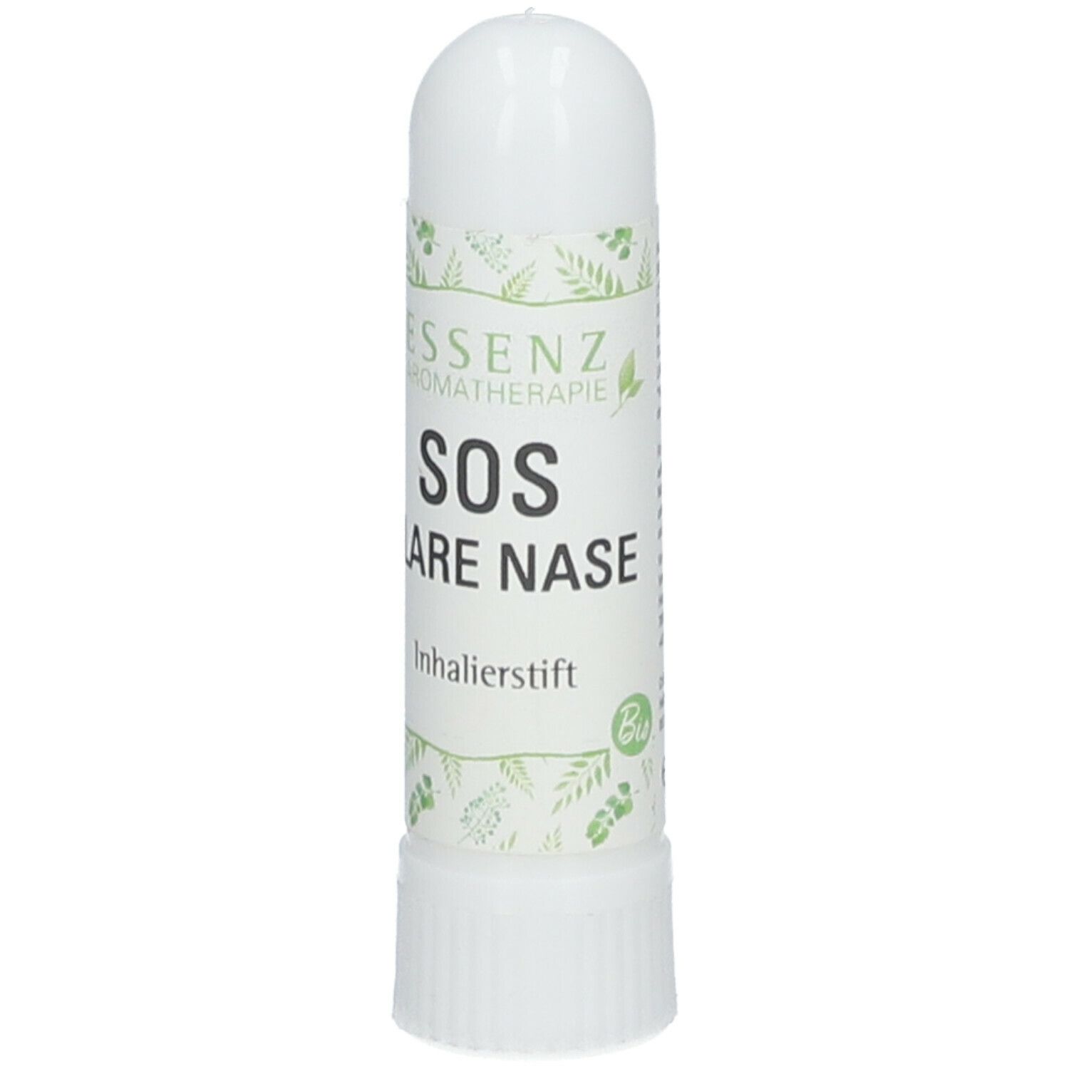 Weißer Inhalierstift mit grünen Akzenten. Beschriftung: Essenz Aromatherapie, SOS Klare Nase, Inhalierstift, Bio-Siegel.