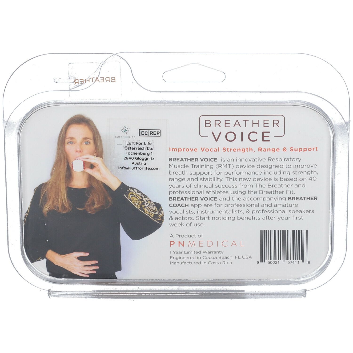 Rückseite der THE BREATHER VOICE-Verpackung. Frau benutzt das Gerät. Text: BREATHER VOICE, EC REP, PN MEDICAL, 1 Jahr Garantie.