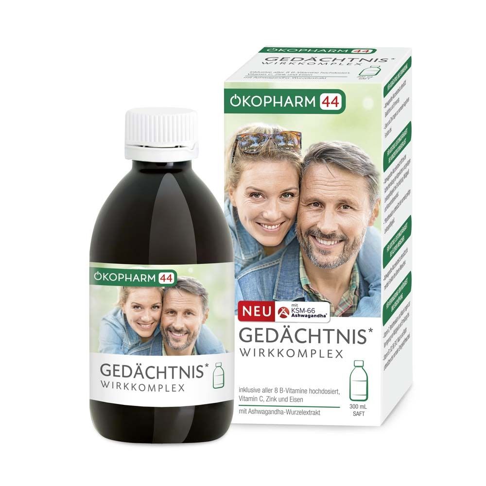 ÖKOPHARM 44 Gedächtnis Wirkkomplex Saftflasche und Verpackung. Braune Flüssigkeit. Produktbild und Text.