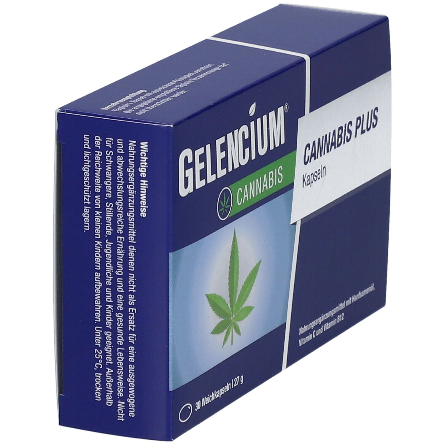 Blaue Schachtel mit "Gelencium Cannabis Plus"-Aufdruck und Hanfblatt-Symbol. Enthält 30 Weichkapseln.