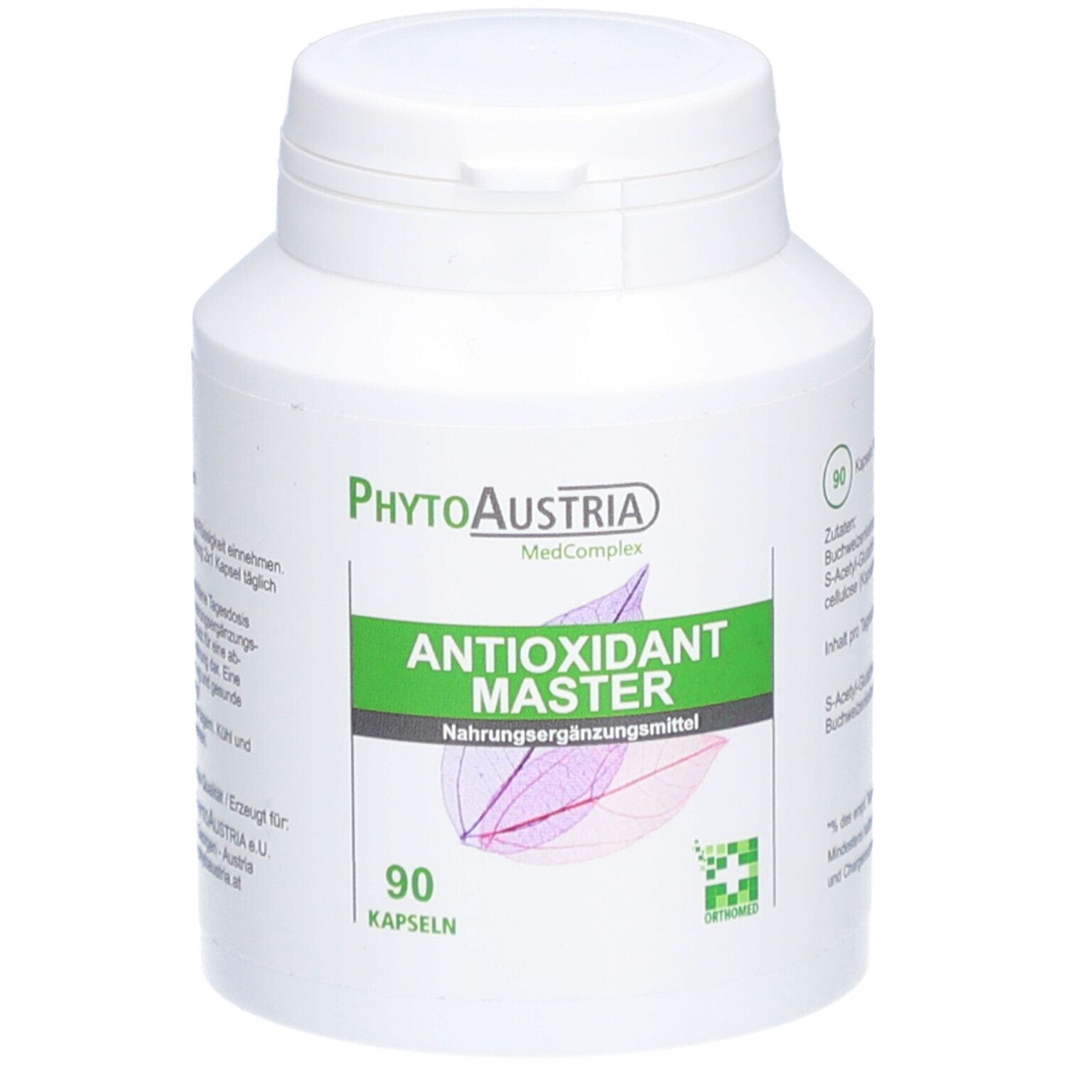 Weiße Flasche mit grünem Etikett. Aufschrift: PhytoAustria Antioxidant Master, 90 Kapseln. Nahrungsergänzungsmittel.