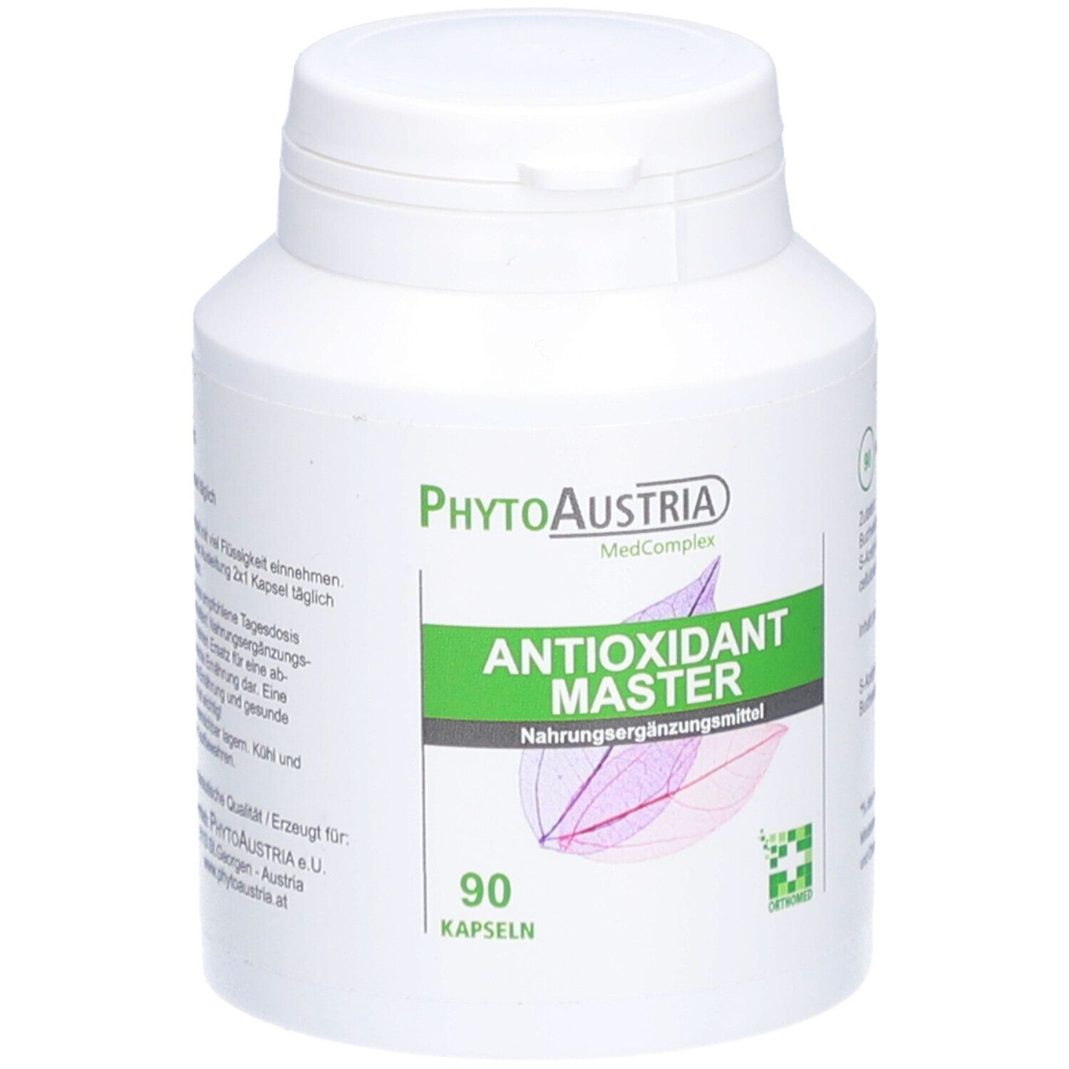 Weiße Flasche mit grünem Etikett. Aufschrift: PhytoAustria Antioxidant Master, 90 Kapseln. Nahrungsergänzungsmittel.