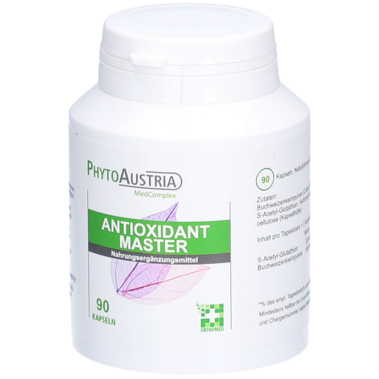 Weiße Flasche mit grünem Etikett. Aufschrift: PhytoAustria Antioxidant Master, 90 Kapseln. Zutatenliste.