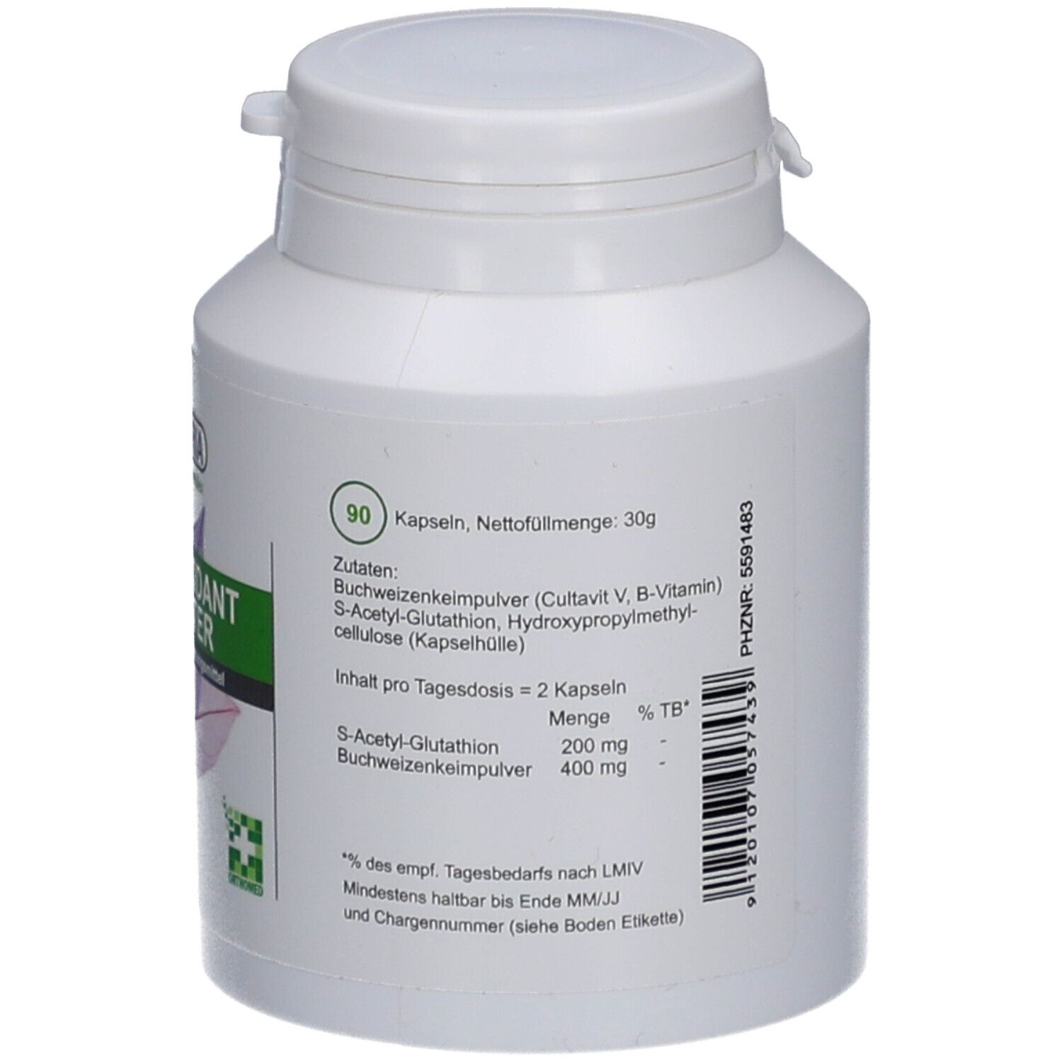 Weiße Flasche mit grünem Etikett. Aufschrift: PhytoAustria Antioxidant Master, 90 Kapseln. Zutatenliste und Nährwertangaben.