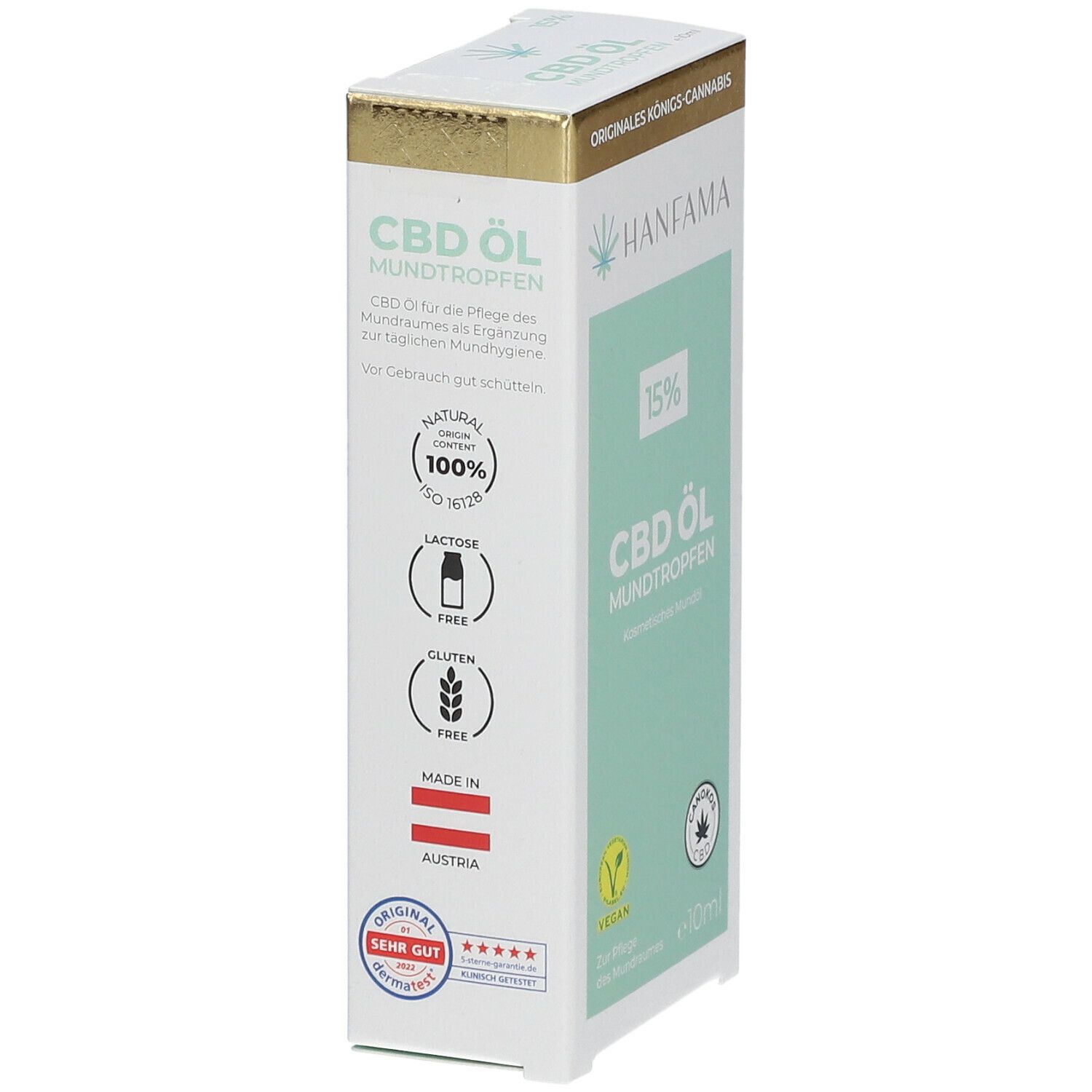 Karton mit HANFAMA CBD Mundtropfen 15%. Enthält Logos für Laktose- und Glutenfreiheit, sowie das Herkunftsland Österreich.