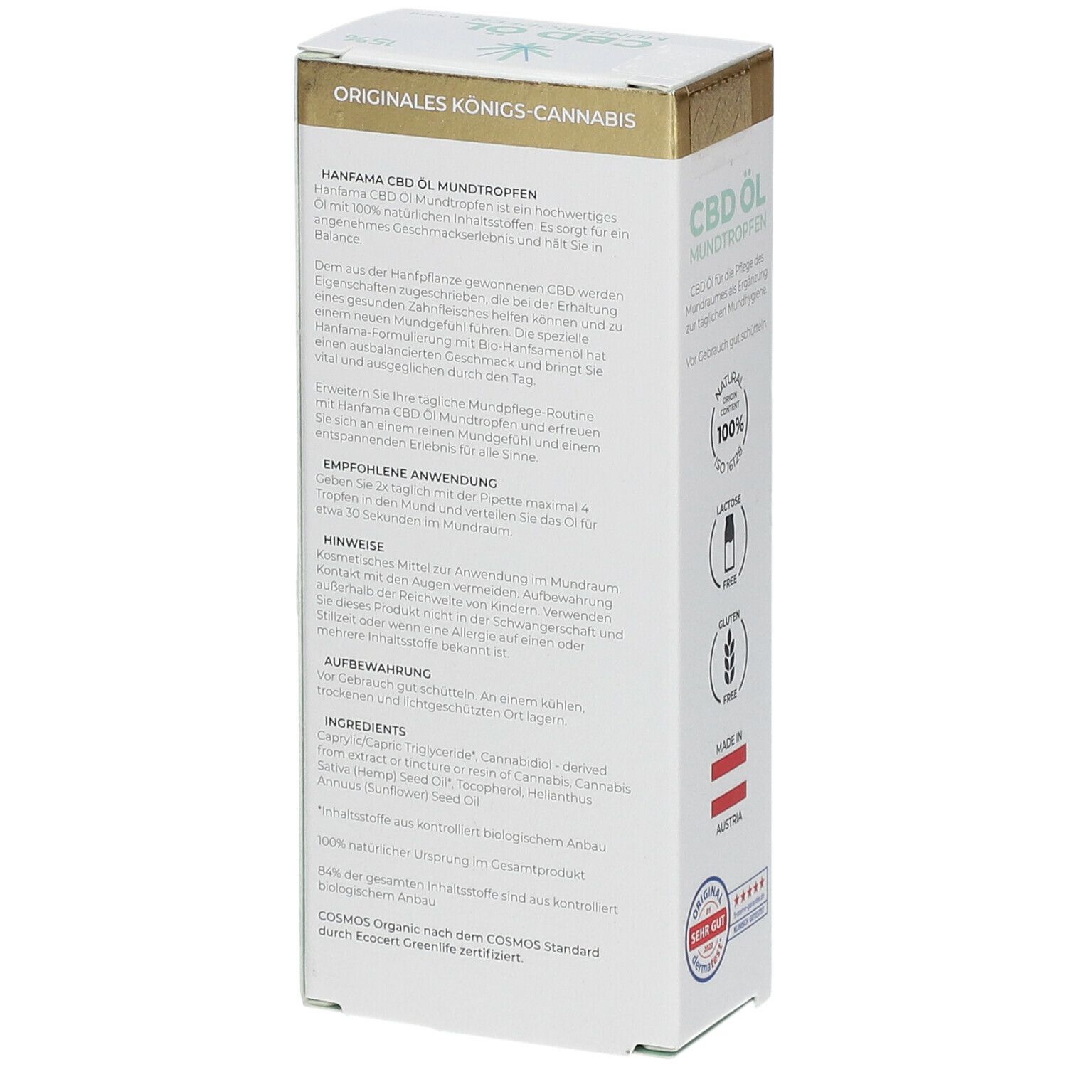 Rückseite der Verpackung von HANFAMA CBD Mundtropfen 15%. Textinformationen, Inhaltsstoffe, Hinweise und Zertifizierungen.