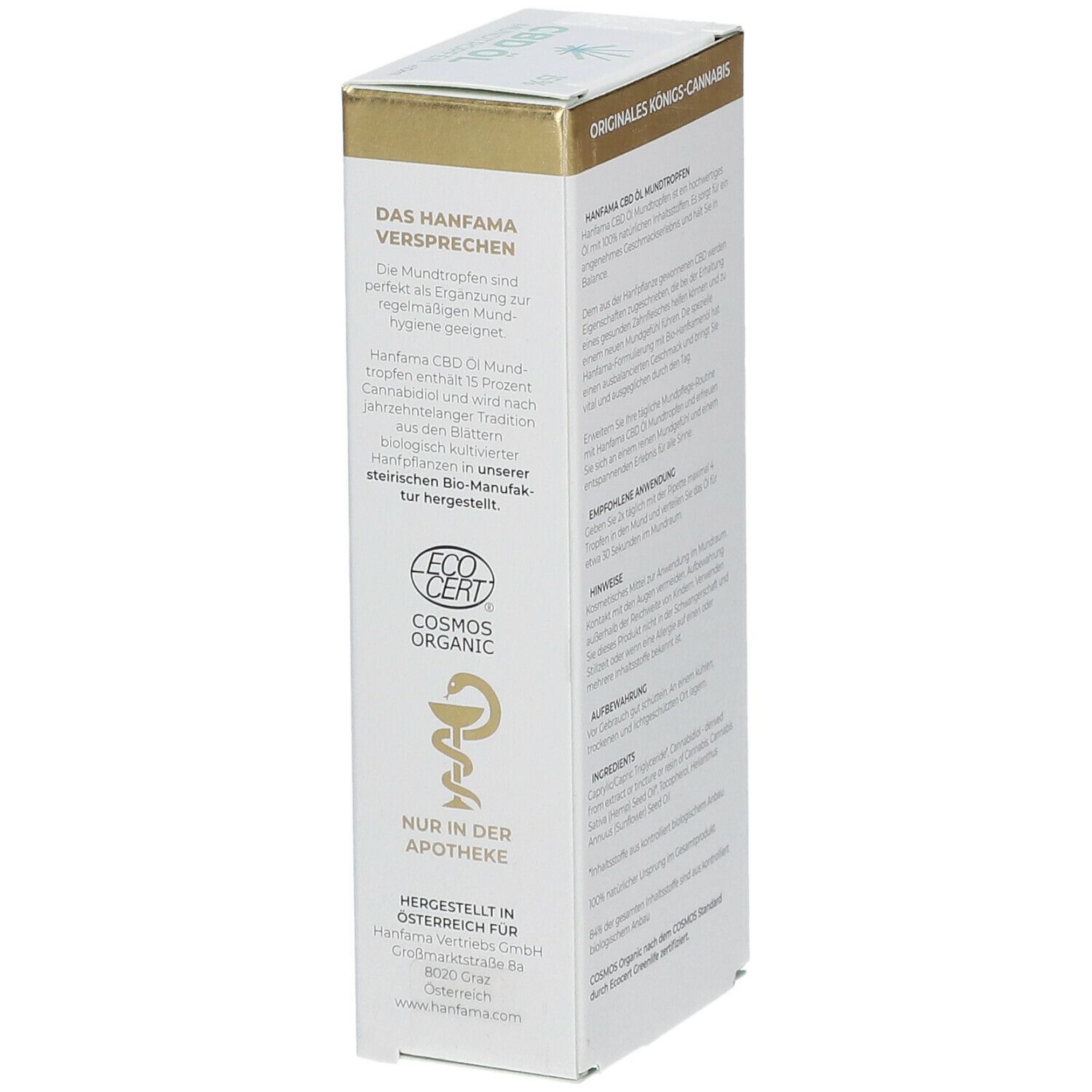Seite der Verpackung von HANFAMA CBD Mundtropfen 15%. Text, Logos und Zertifizierungen. Apotheken-Hinweis.