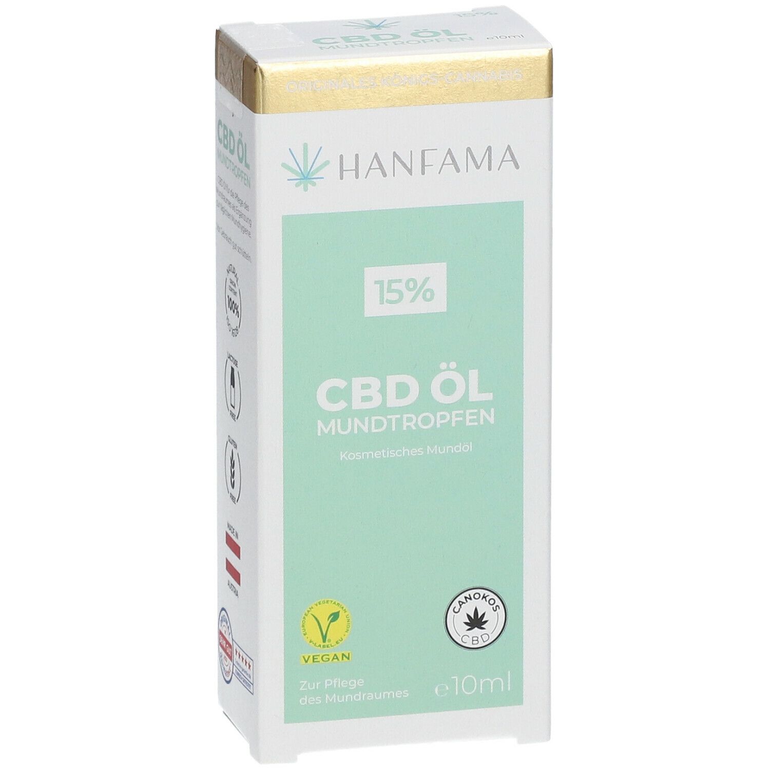 Karton mit HANFAMA CBD Mundtropfen 15%. Produktname, Logo, 15% CBD, vegan-Siegel und e10ml. Verpackung.