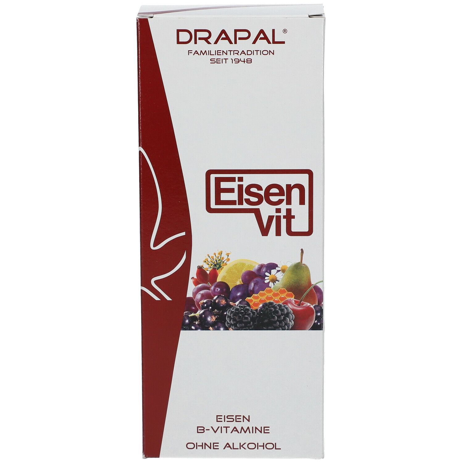 Produktverpackung mit Produktnamen und Früchteabbildung. Schriftzug: DRAPAL, Eisen vit, B-Vitamine, ohne Alkohol.  Erhältlich in 500 ml.