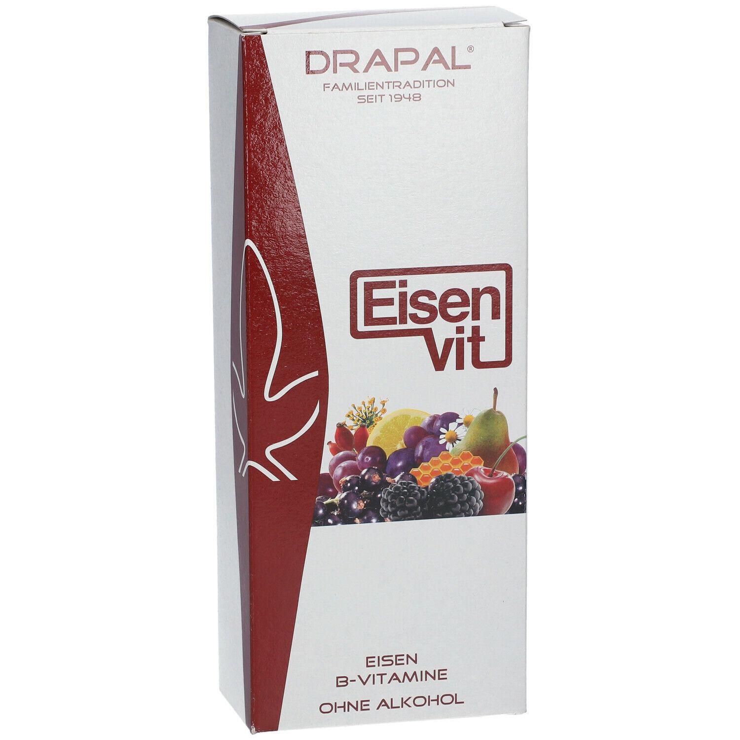 Produktverpackung mit Produktnamen und Früchteabbildung. Schriftzug: DRAPAL, Eisen vit, B-Vitamine, ohne Alkohol.  Erhältlich in 500 ml.