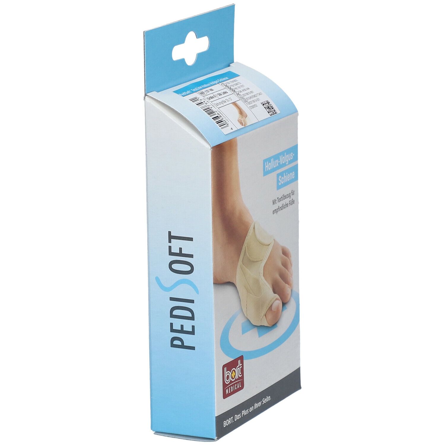 Bort PediSoft Hallux-Valgus-Schiene, Größe 35-37, Links. Verpackung mit Produktabbildung und Logo.