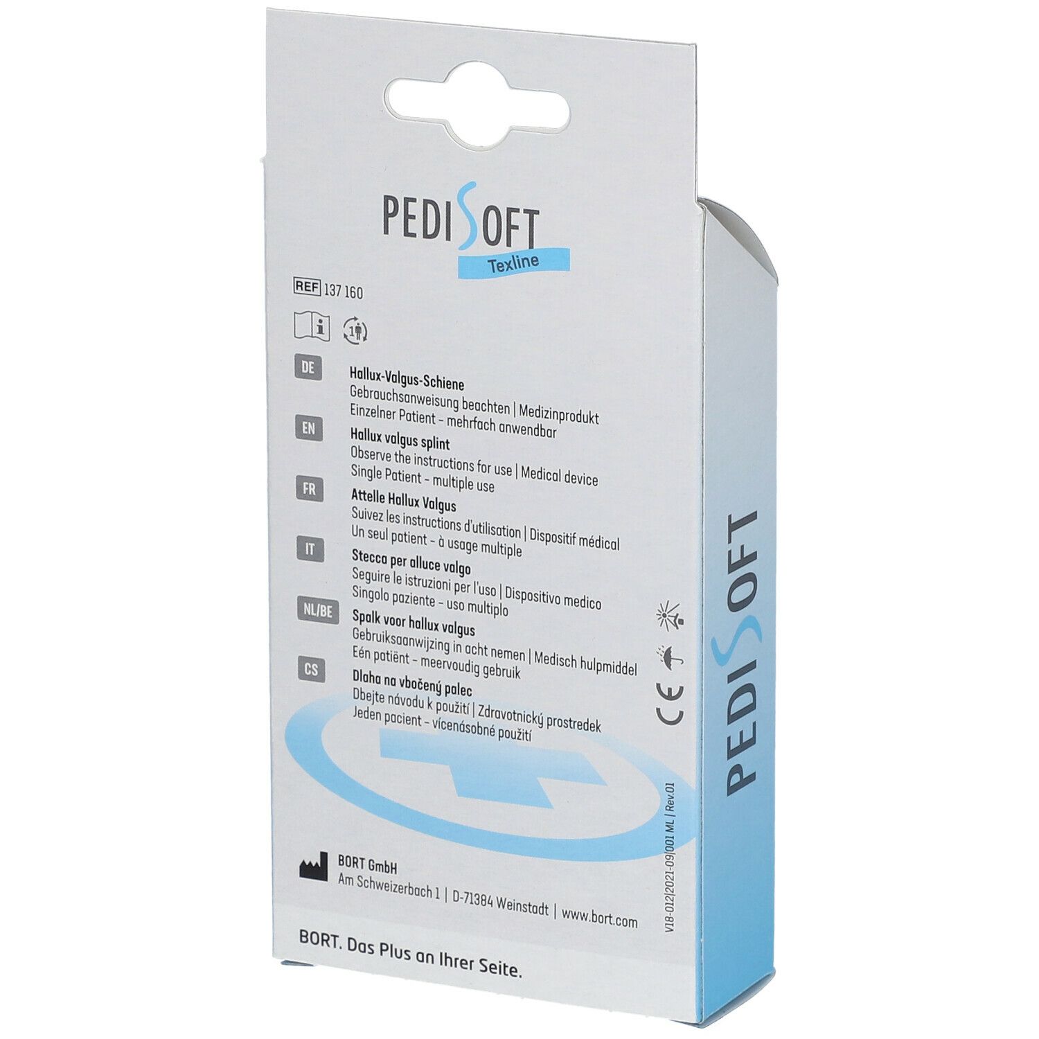 PediSoft Verpackung, Rückseite. Text in Deutsch, Englisch, Französisch, Italienisch, Niederländisch, Tschechisch.